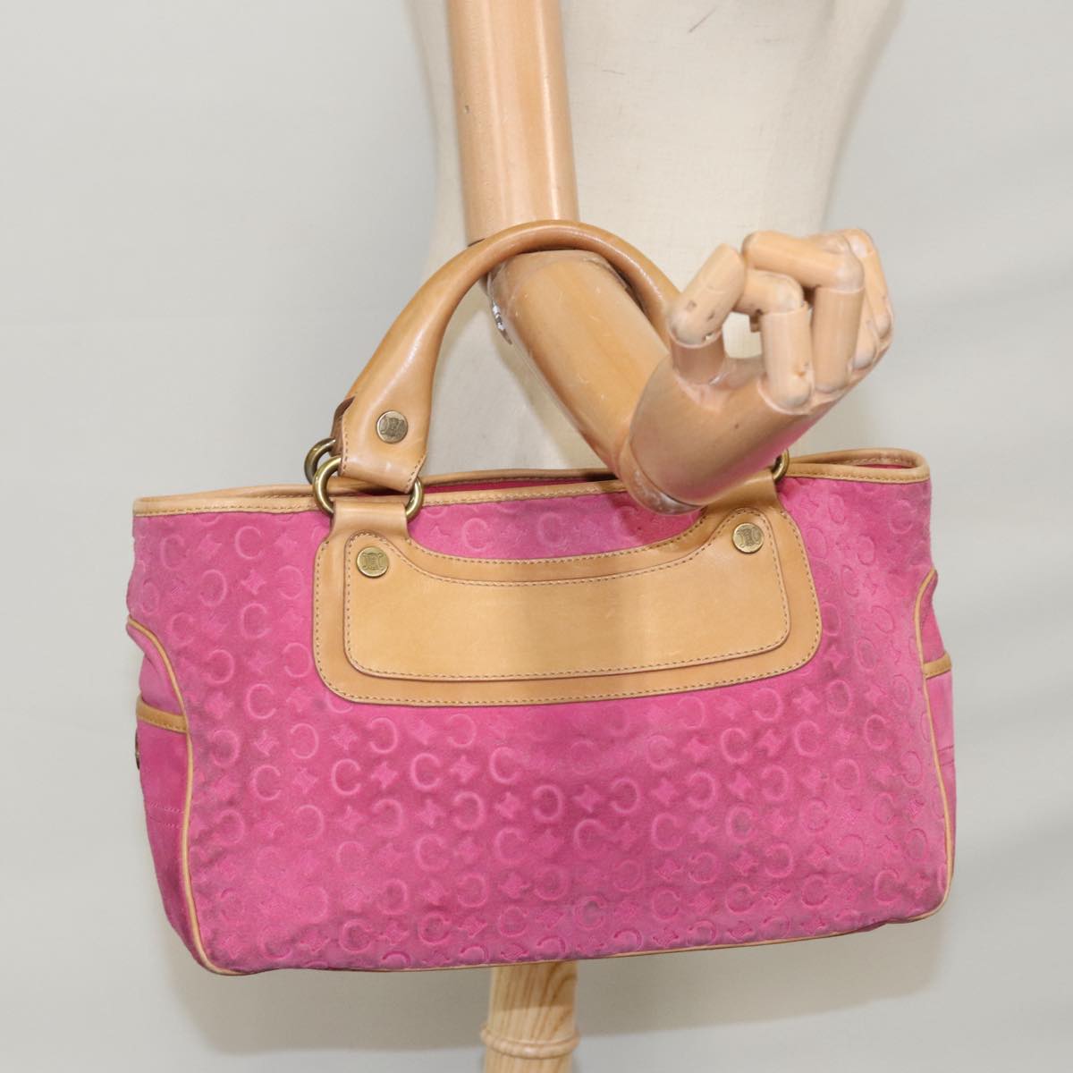 CELINE C Macadam Canvas Boogie bag Hand Bag Pink Auth 109991
