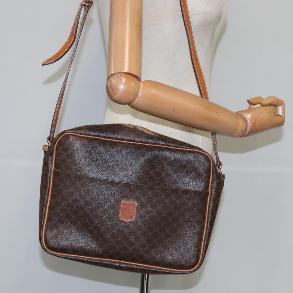 CELINE Macadam Canvas Shoulder Bag PVC Leather Brown Auth 109996