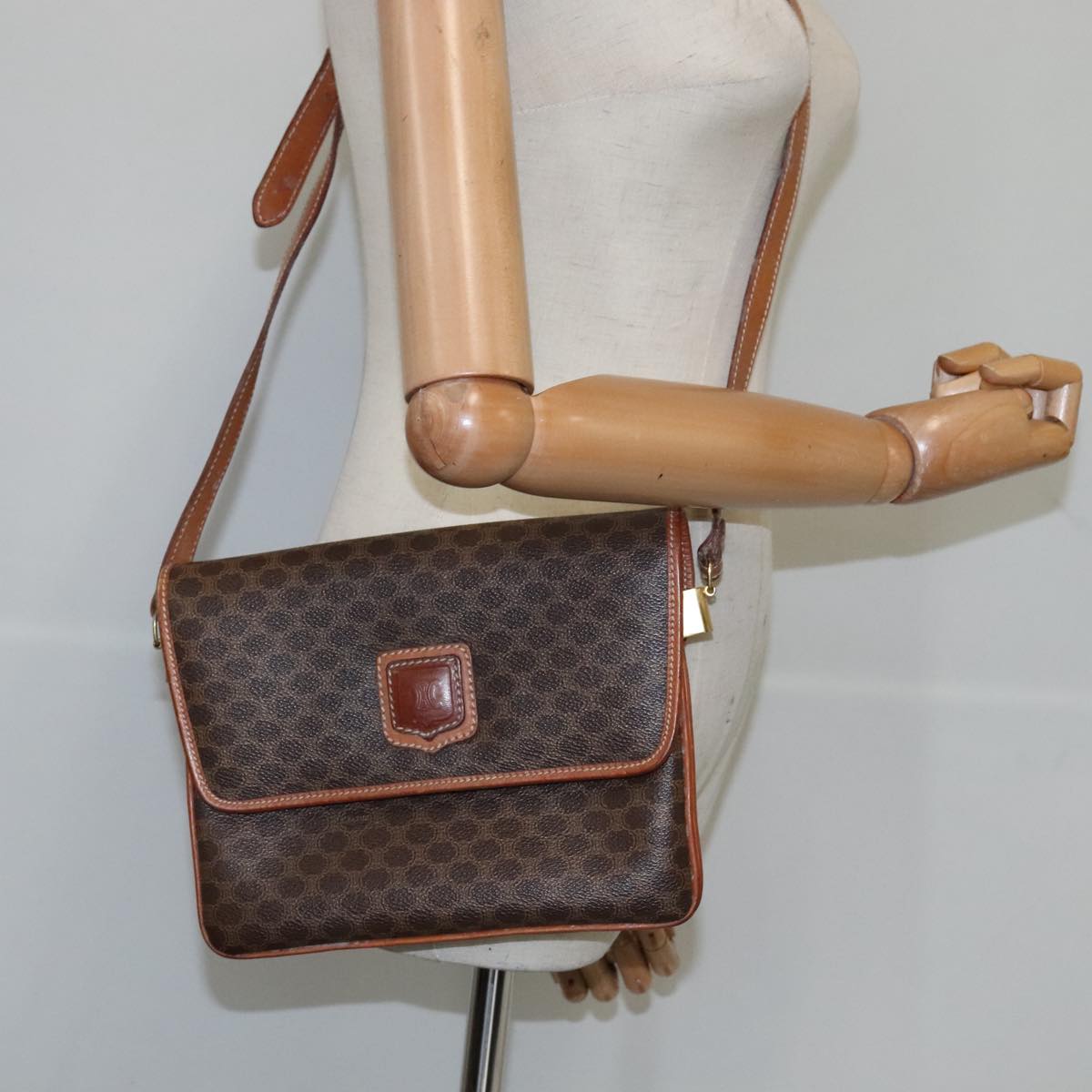 CELINE Macadam Canvas Shoulder Bag PVC Leather Brown Auth 110008