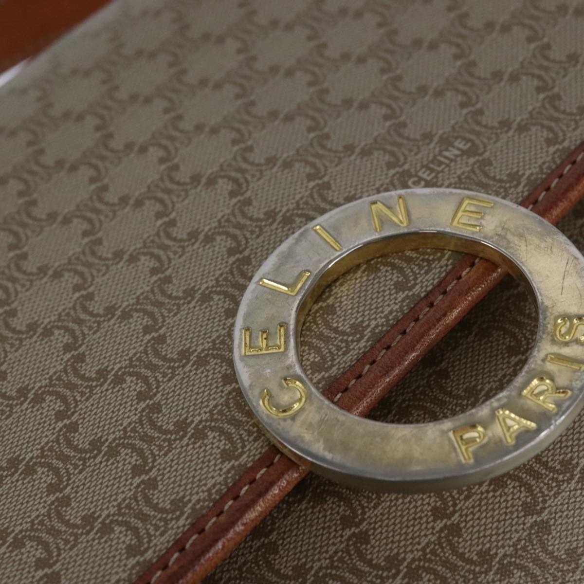 CELINE Macadam Canvas Circle Shoulder Bag Beige Auth 110010