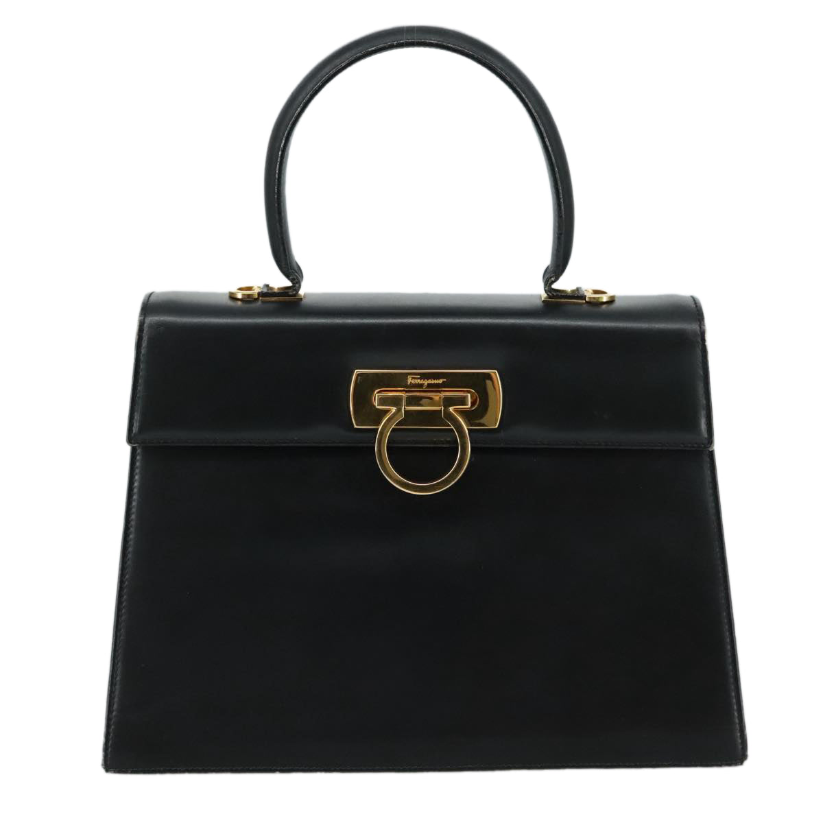 Salvatore Ferragamo Gancini Hand Bag Leather Black Gold Auth 110014