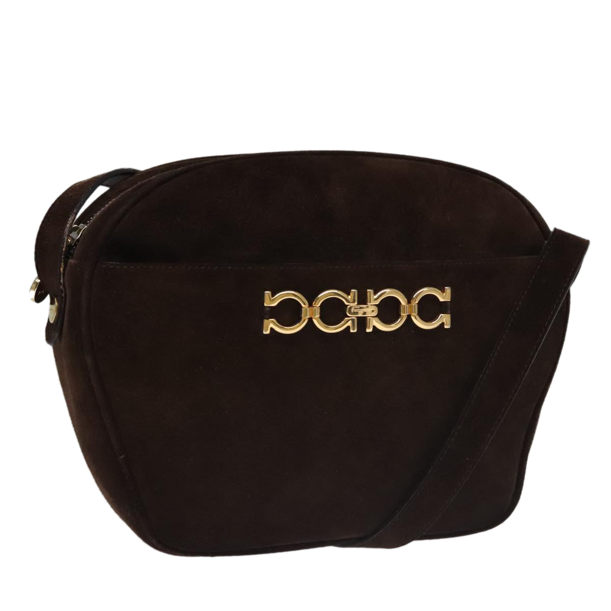 Salvatore Ferragamo Gancini Shoulder Bag Suede Brown Gold Auth 110015