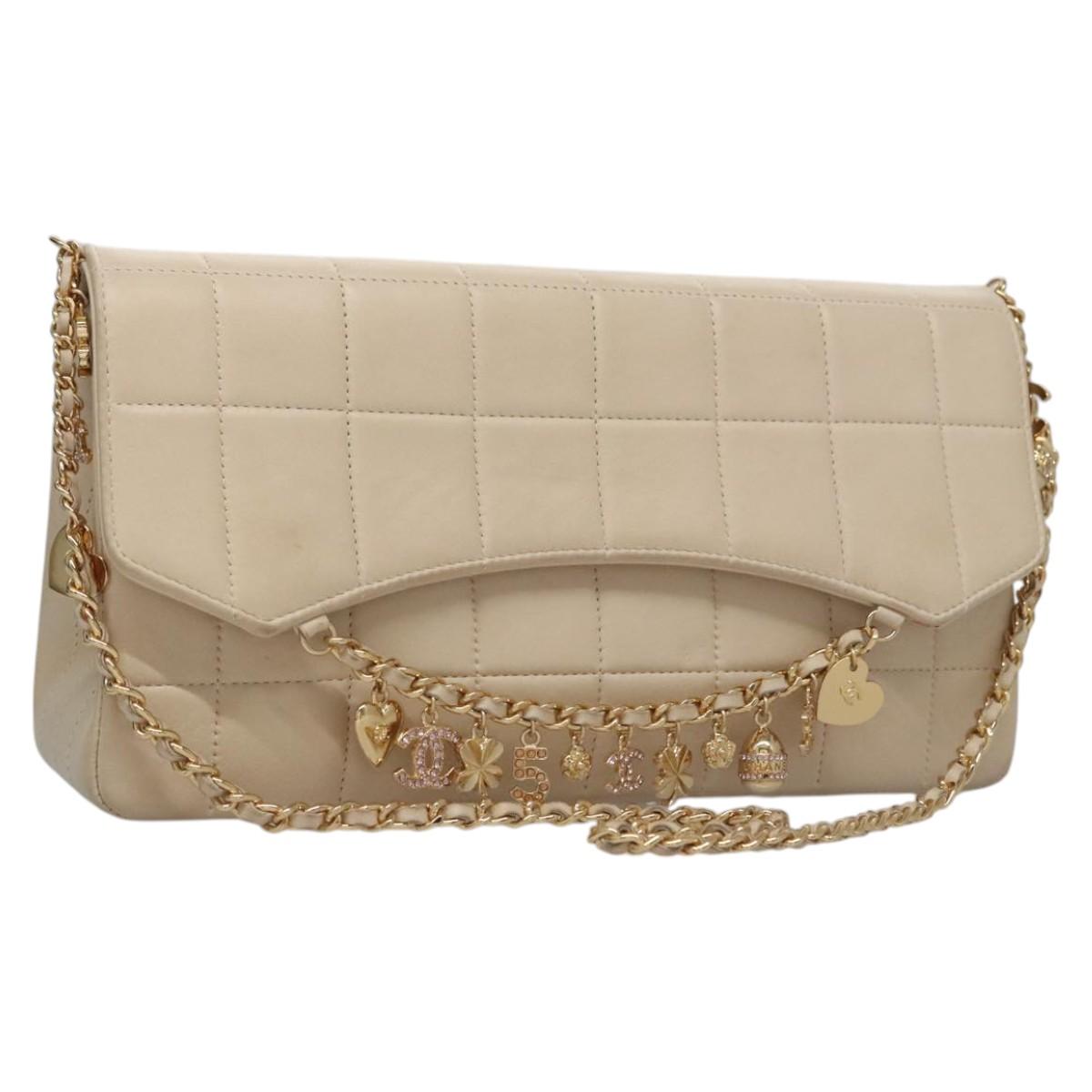 CHANEL Choco Bar Chain Shoulder Bag Lamb Skin Ivory CC Auth 110166A