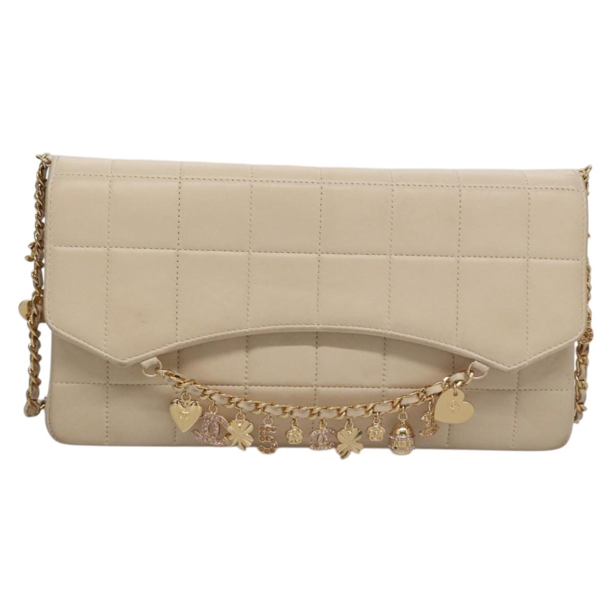 CHANEL Choco Bar Chain Shoulder Bag Lamb Skin Ivory CC Auth 110166A