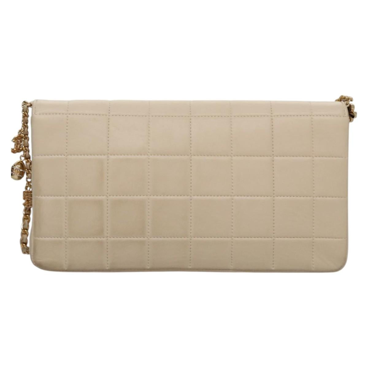 CHANEL Choco Bar Chain Shoulder Bag Lamb Skin Ivory CC Auth 110166A