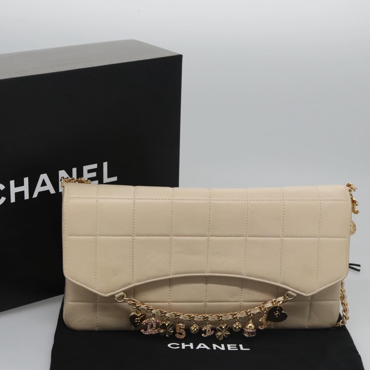CHANEL Choco Bar Chain Shoulder Bag Lamb Skin Ivory CC Auth 110166SAM