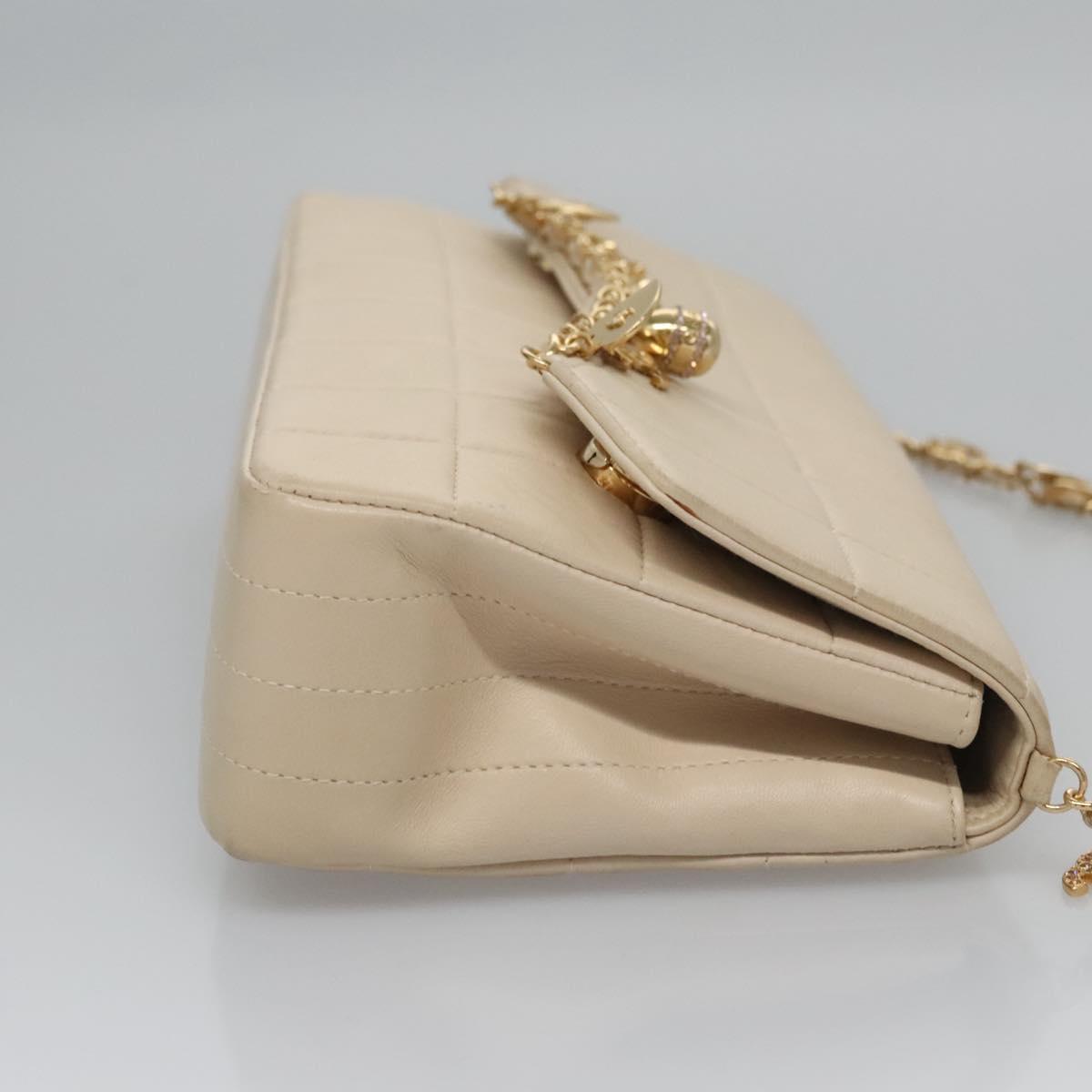 CHANEL Choco Bar Chain Shoulder Bag Lamb Skin Ivory CC Auth 110166A
