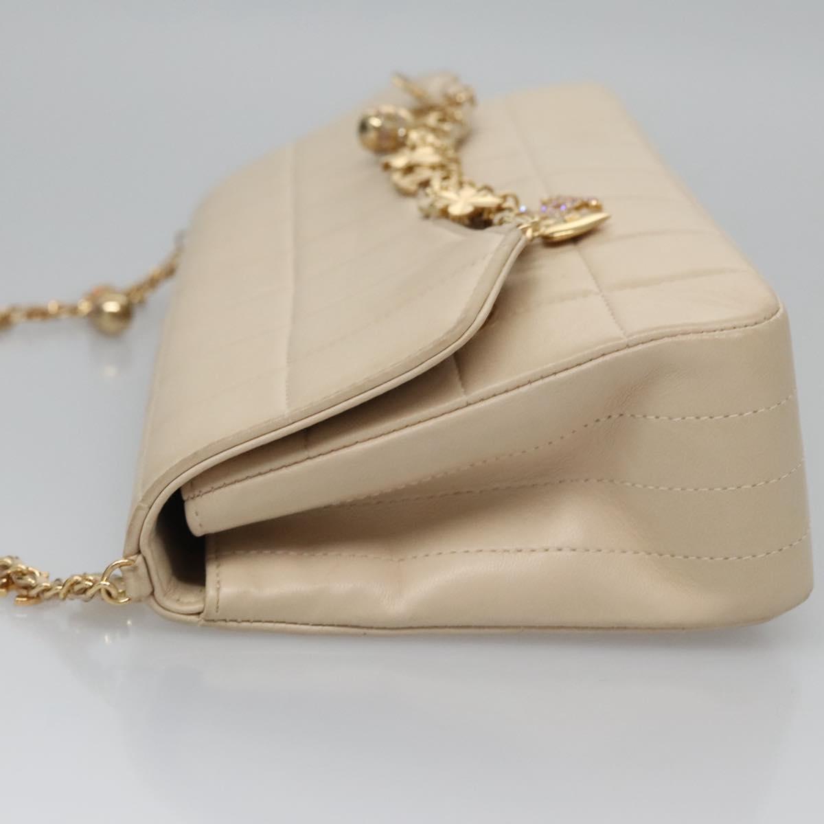 CHANEL Choco Bar Chain Shoulder Bag Lamb Skin Ivory CC Auth 110166A