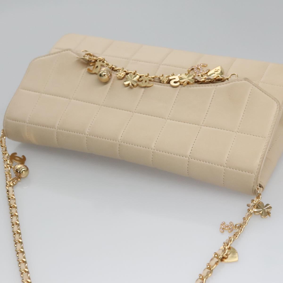 CHANEL Choco Bar Chain Shoulder Bag Lamb Skin Ivory CC Auth 110166A