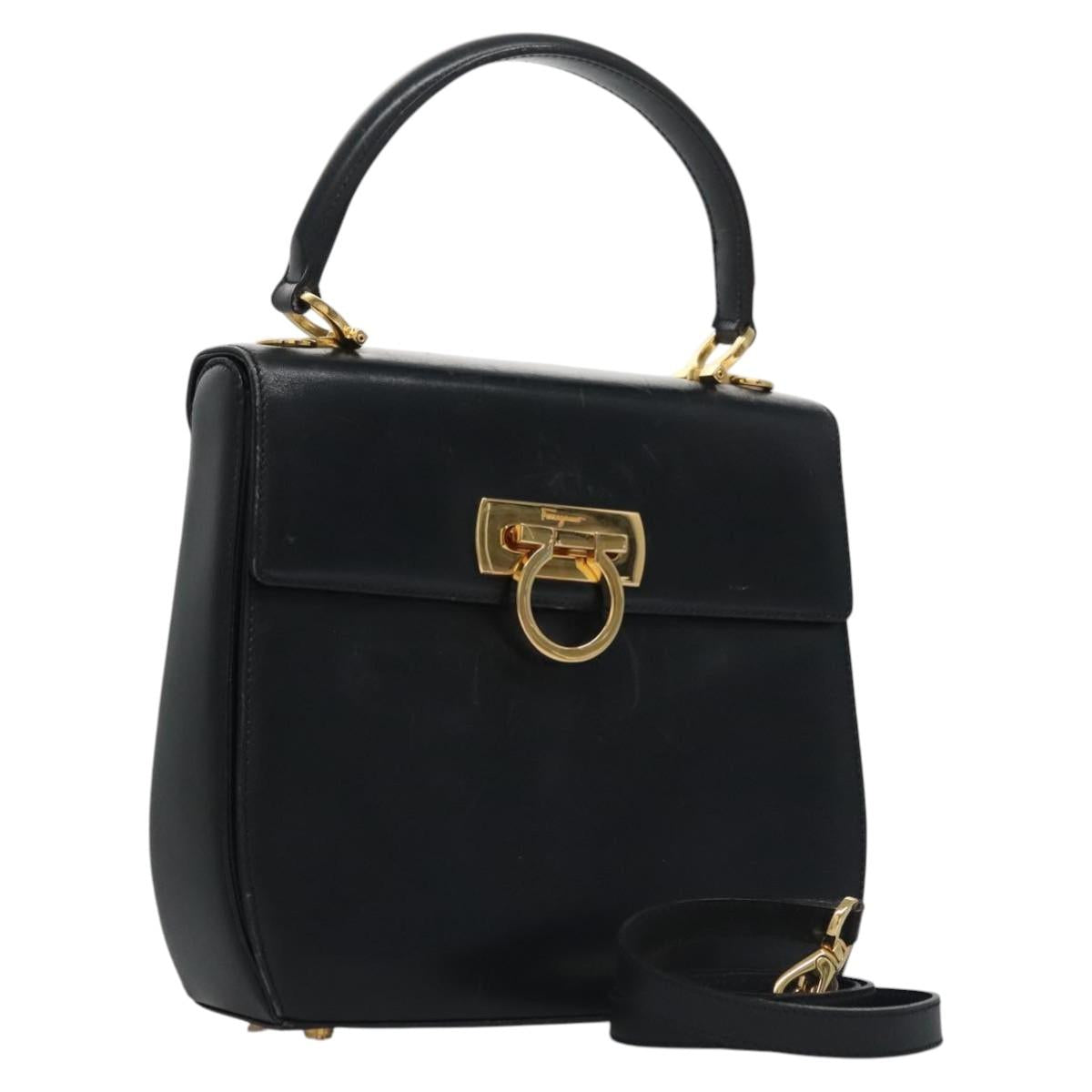 Salvatore Ferragamo Gancini Hand Bag Leather 2way Black Auth 110168
