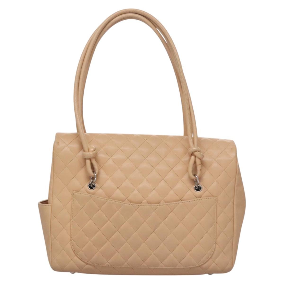 CHANEL Matelasse Cambon Line Shoulder Bag Leather Beige Silver CC Auth 110229A