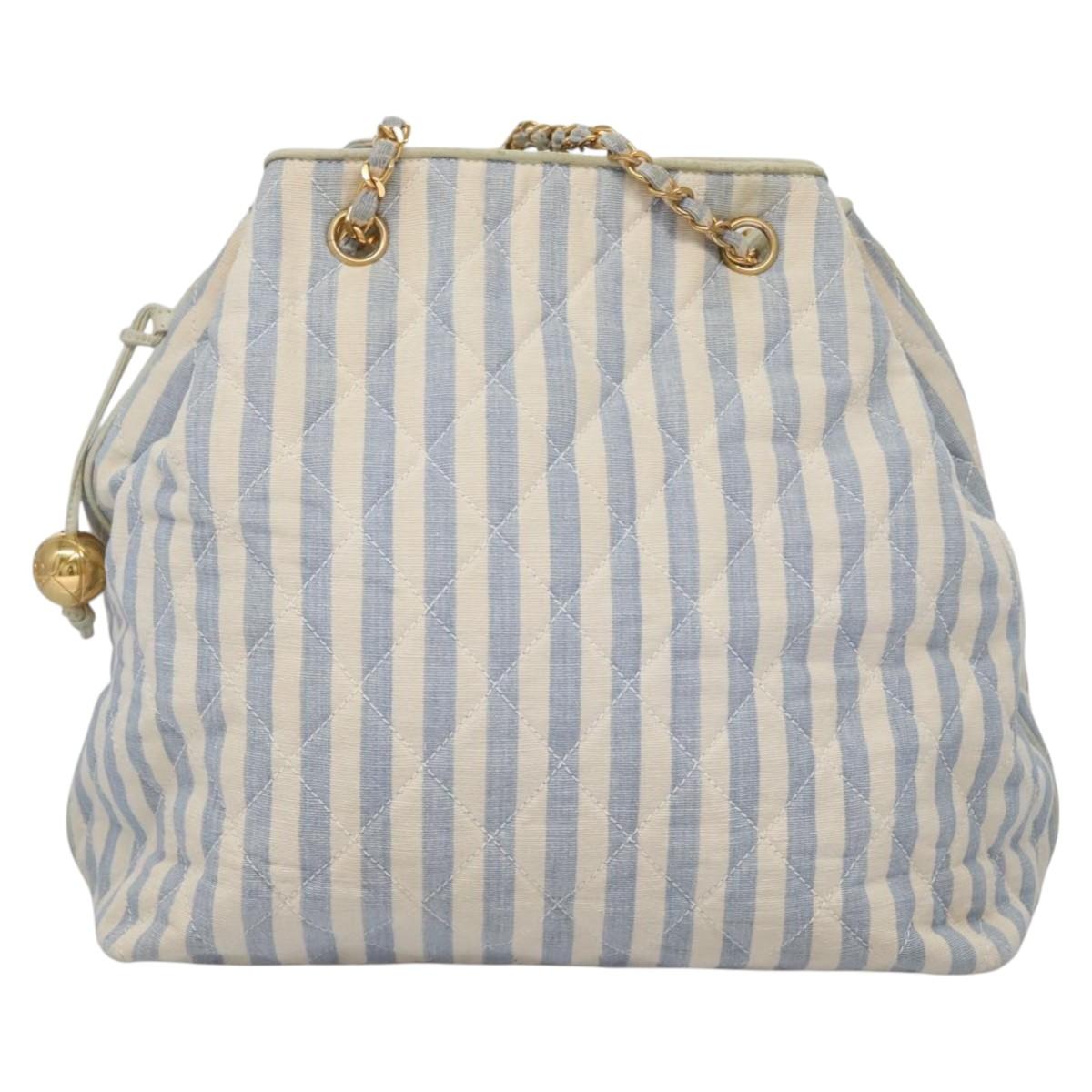 CHANEL Matelasse Chain Shoulder Bag Canvas White Light Blue CC Auth 110253