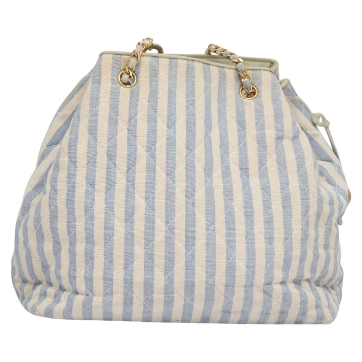 CHANEL Matelasse Chain Shoulder Bag Canvas White Light Blue CC Auth 110253