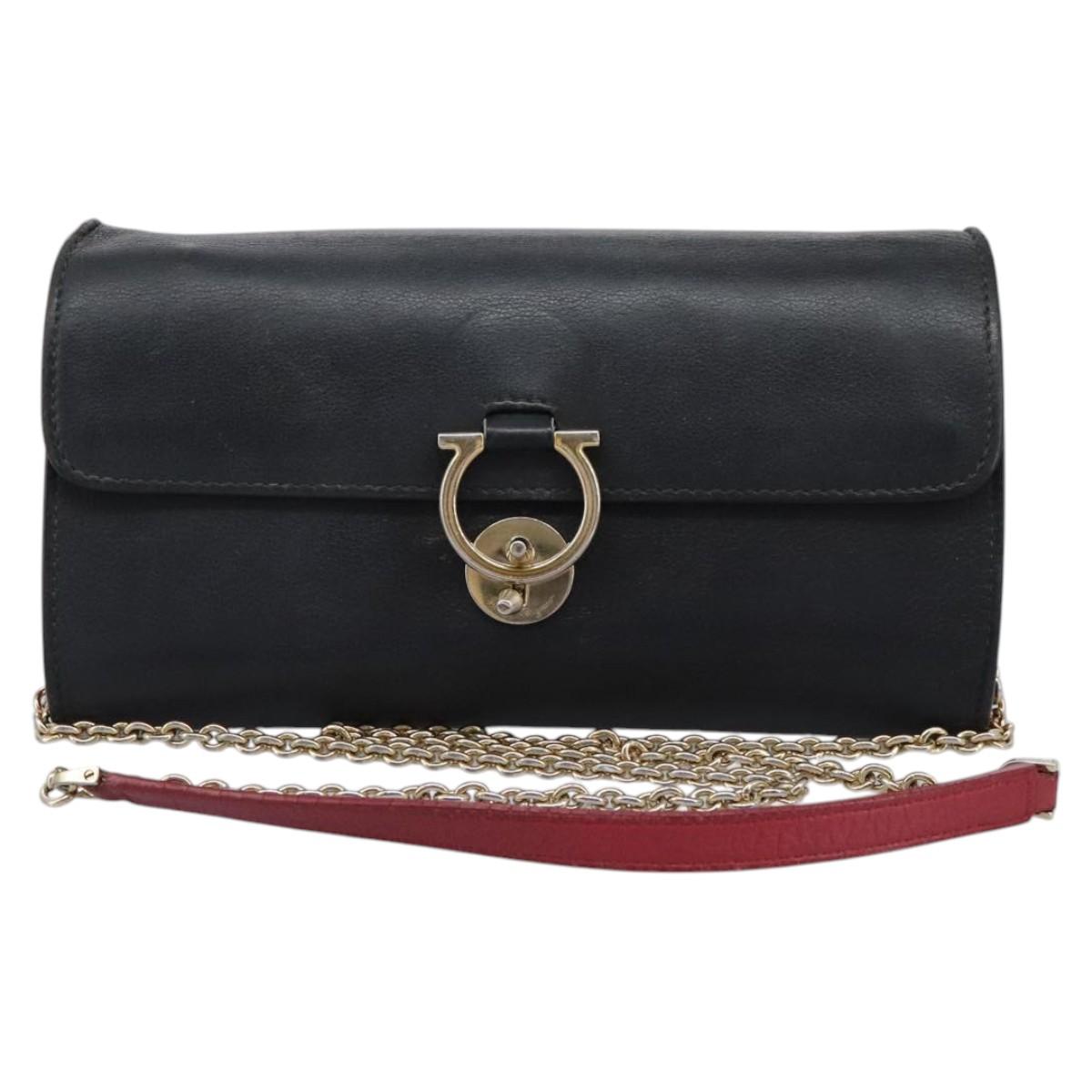 Salvatore Ferragamo Gancini Chain Shoulder Wallet Leather Black Auth 110302