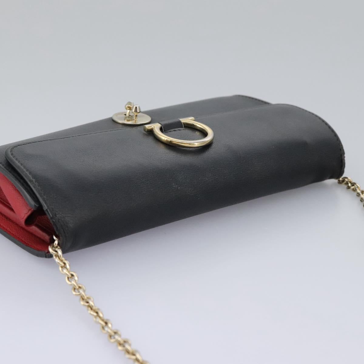 Salvatore Ferragamo Gancini Chain Shoulder Wallet Leather Black Auth 110302