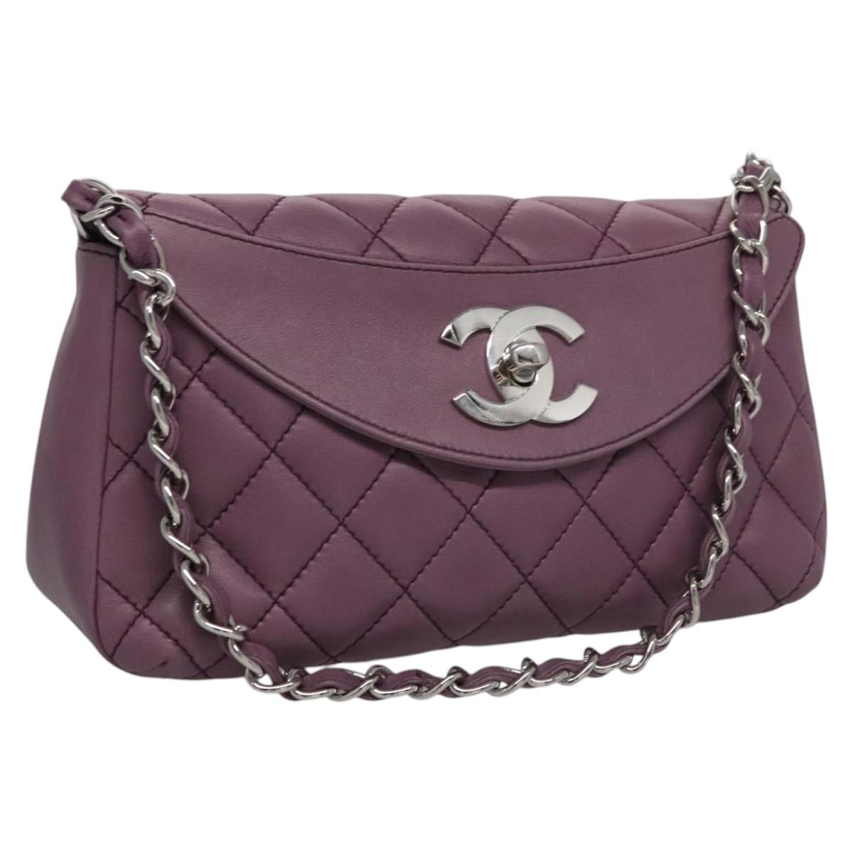 CHANEL Matelasse Chain Shoulder Bag Lamb Skin Purple CC Auth 110303AV