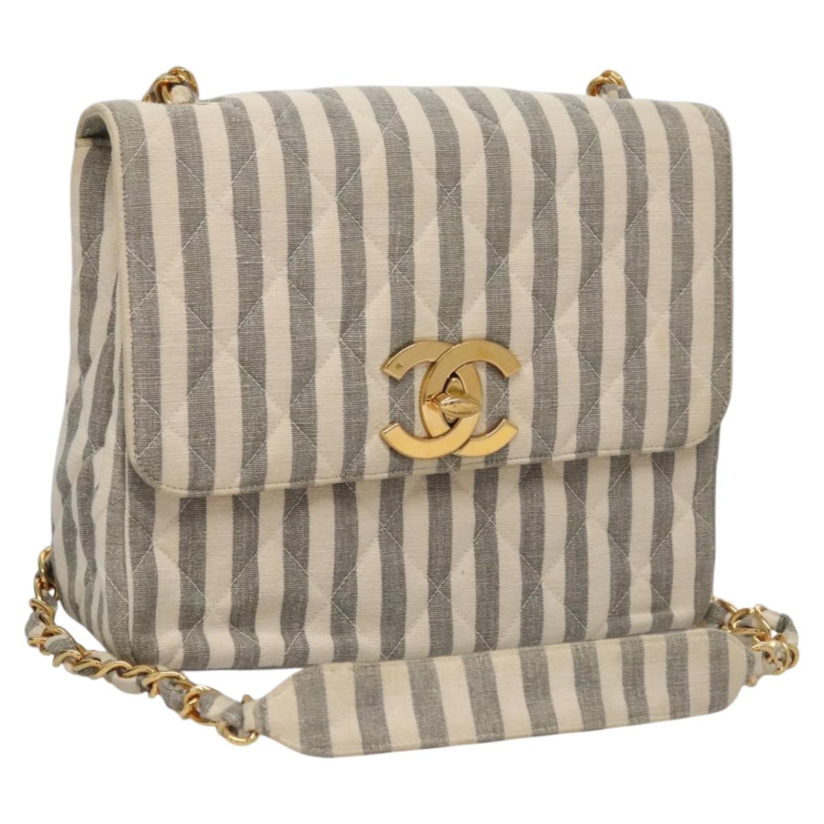 CHANEL Striped Matelasse Chain Shoulder Bag Canvas White Gray CC Auth 110304AV