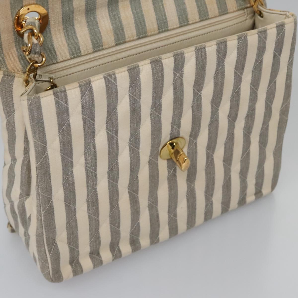 CHANEL Striped Matelasse Chain Shoulder Bag Canvas White Gray CC Auth 110304AV