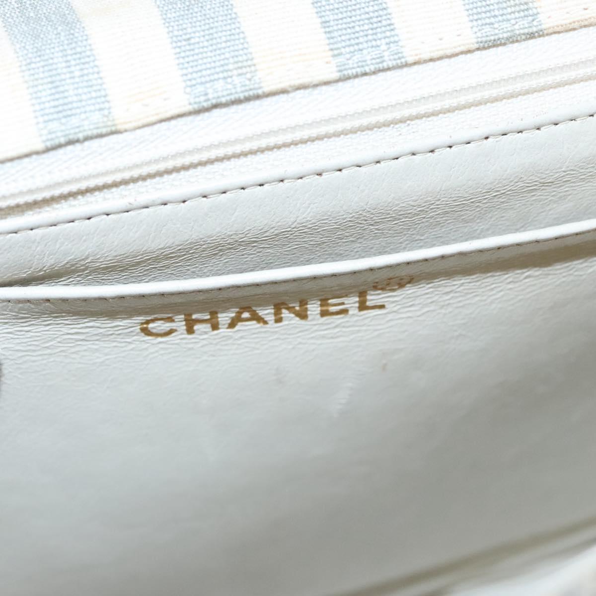 CHANEL Striped Matelasse Chain Shoulder Bag Canvas White Gray CC Auth 110304SAV
