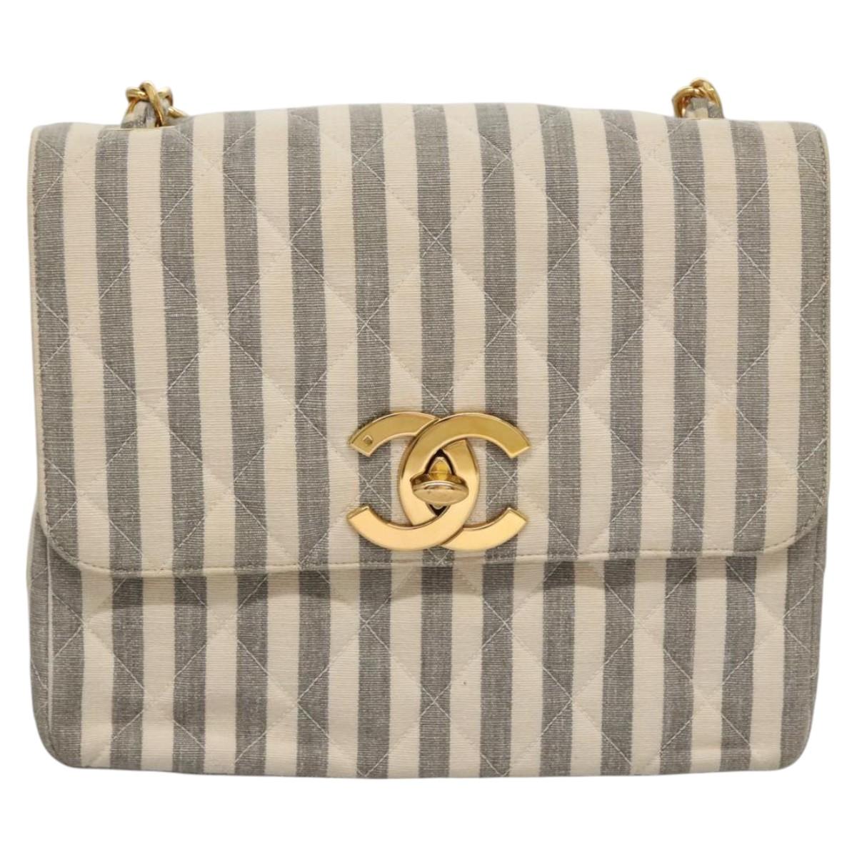 CHANEL Striped Matelasse Chain Shoulder Bag Canvas White Gray CC Auth 110304SAV