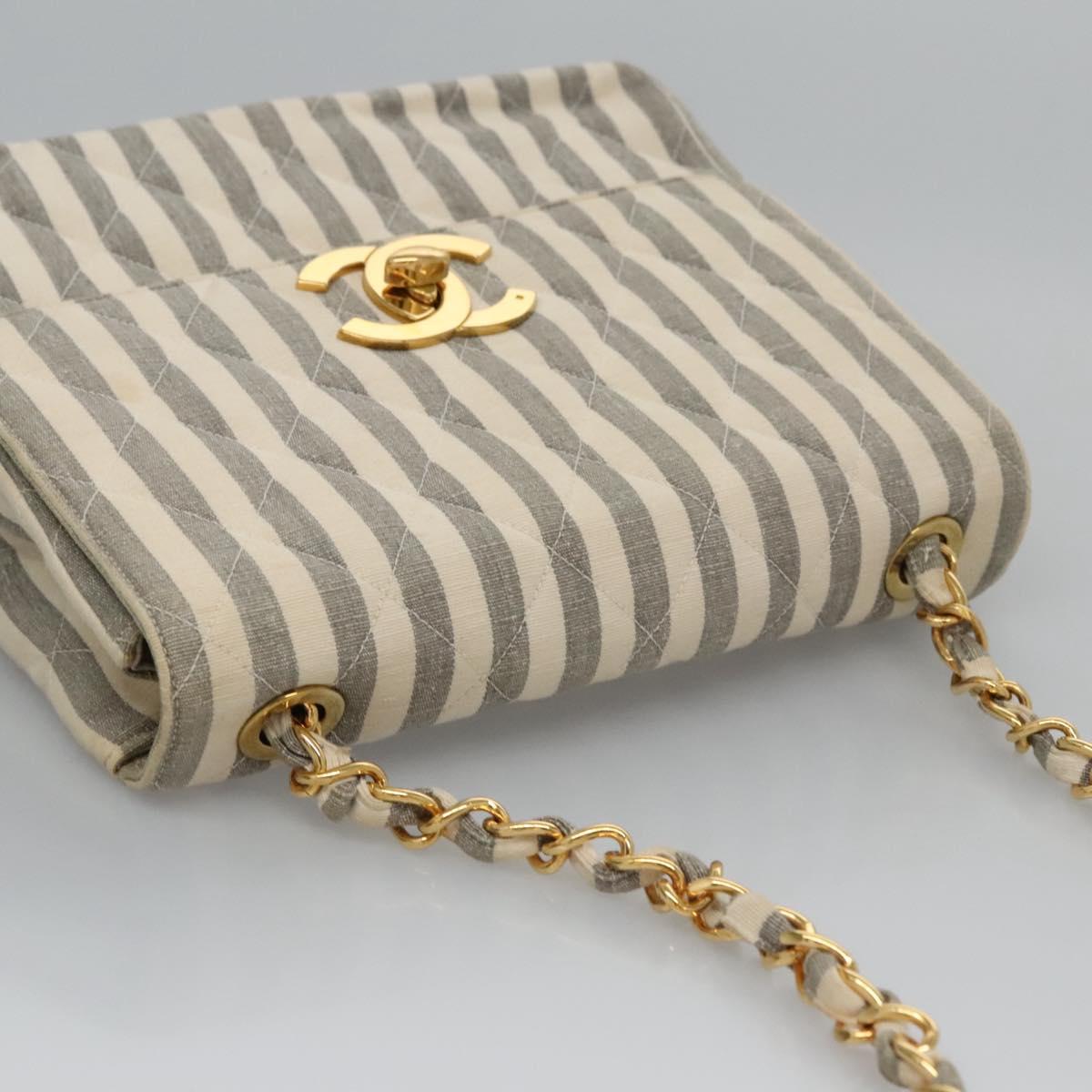 CHANEL Striped Matelasse Chain Shoulder Bag Canvas White Gray CC Auth 110304AV