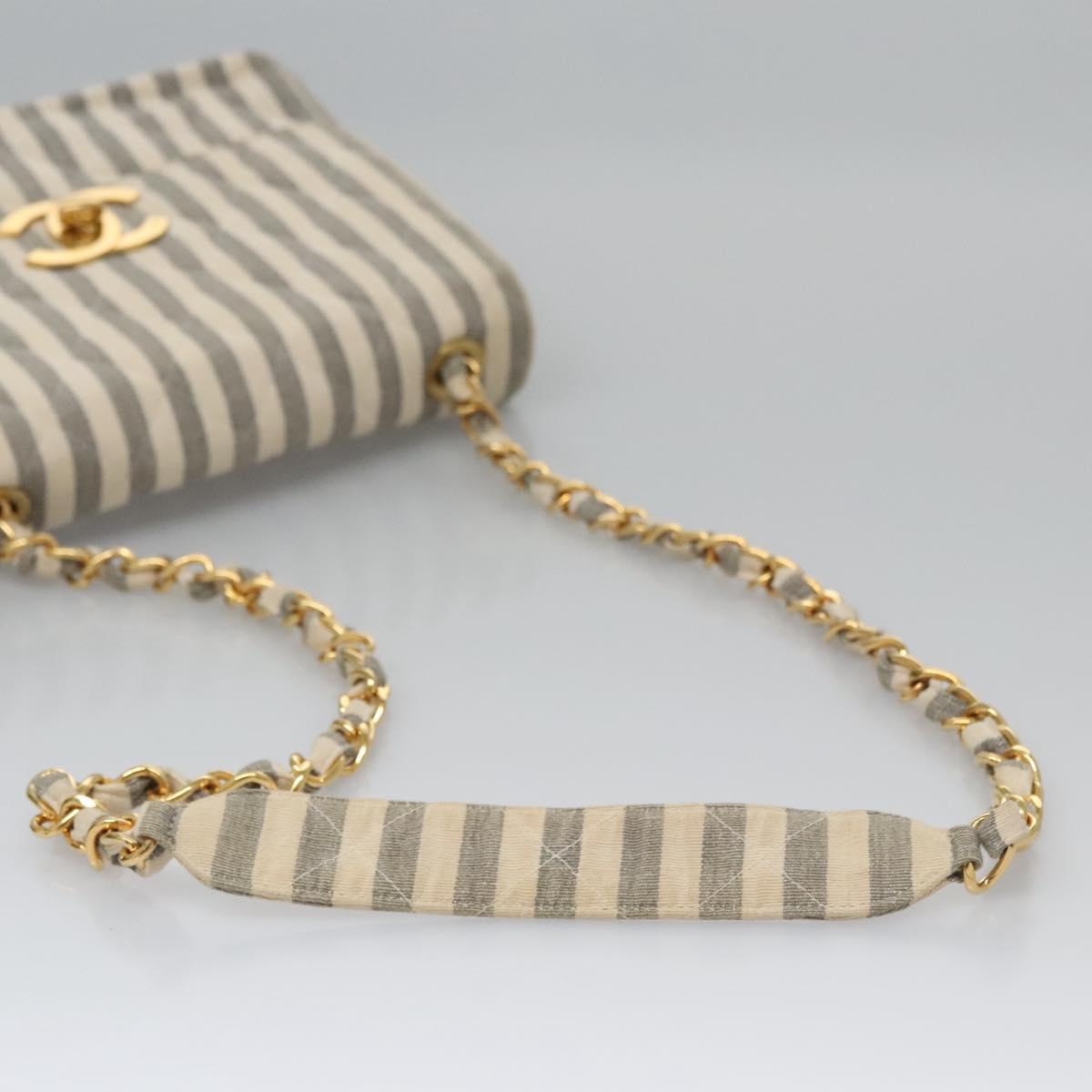 CHANEL Striped Matelasse Chain Shoulder Bag Canvas White Gray CC Auth 110304SAV