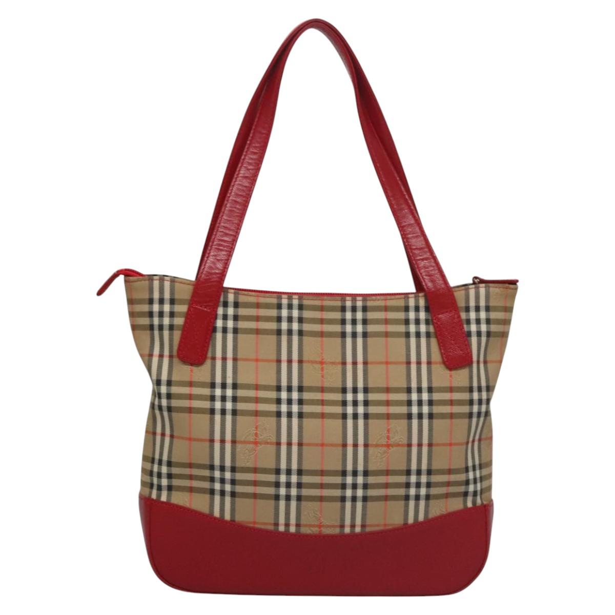 BURBERRY Nova Check Hand Bag Canvas Beige Red Auth 110306