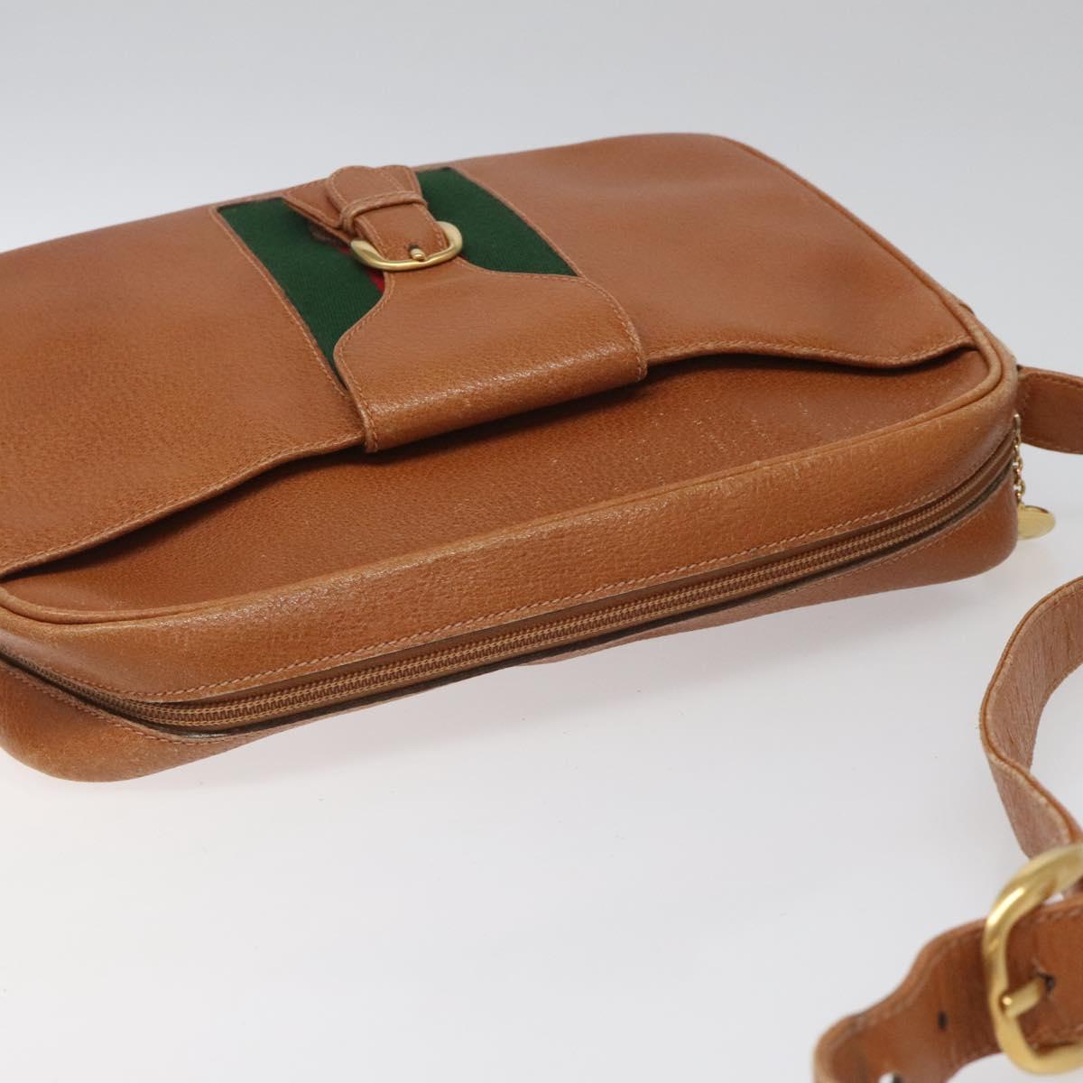 GUCCI Web Sherry Line Shoulder Bag Leather Brown Gold Auth 110342