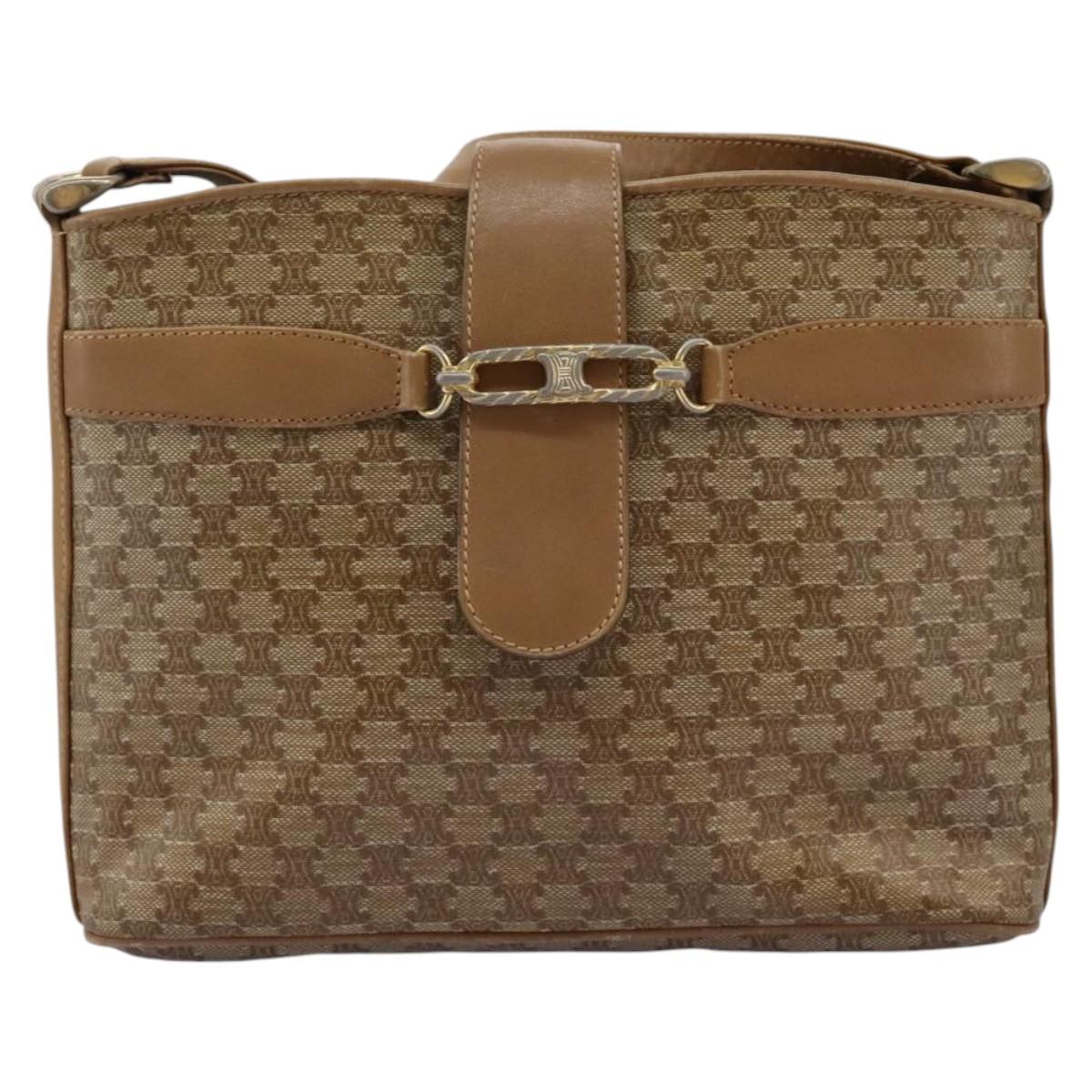 CELINE Macadam Canvas Shoulder Bag PVC Leather Beige Auth 110402