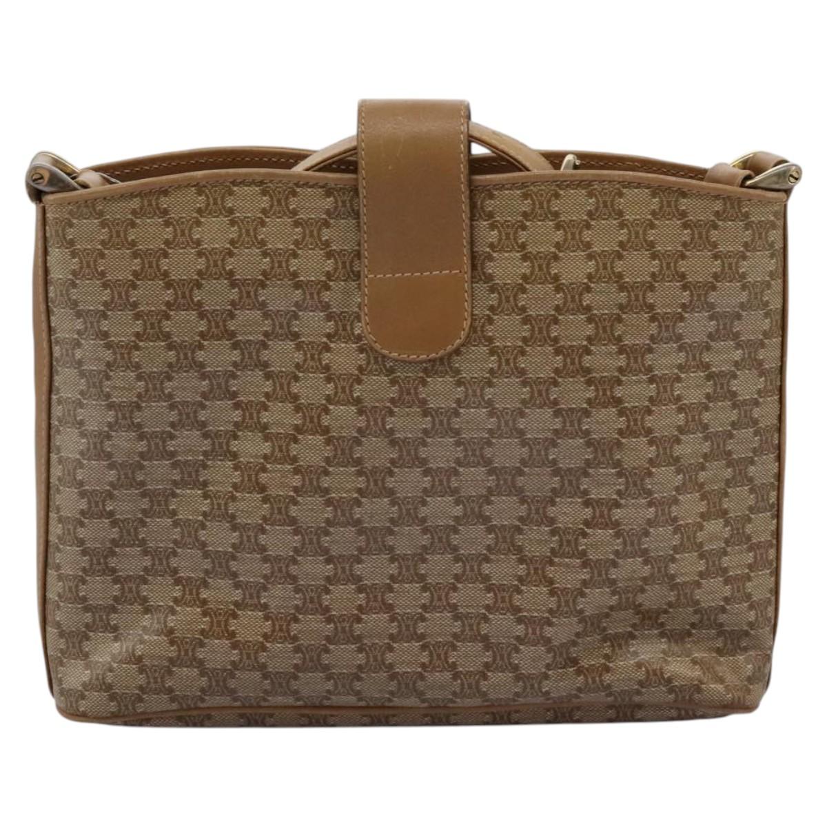 CELINE Macadam Canvas Shoulder Bag PVC Leather Beige Auth 110402