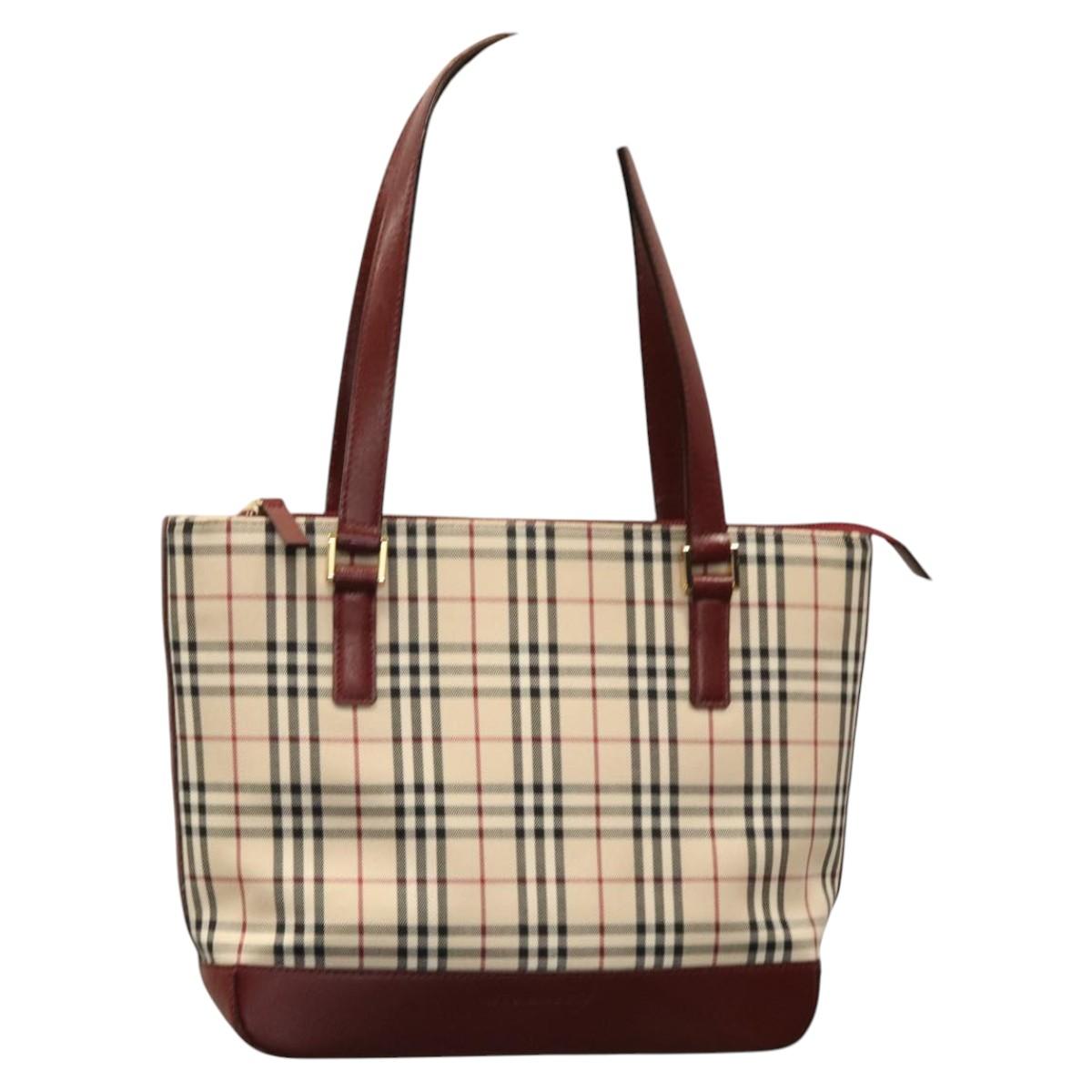 BURBERRY Nova Check Tote Bag Canvas Leather Beige Red gold Auth 110498
