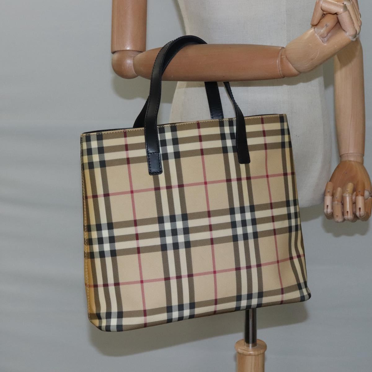 BURBERRY Nova Check Tote Bag PVC Leather Beige Black Auth 110513