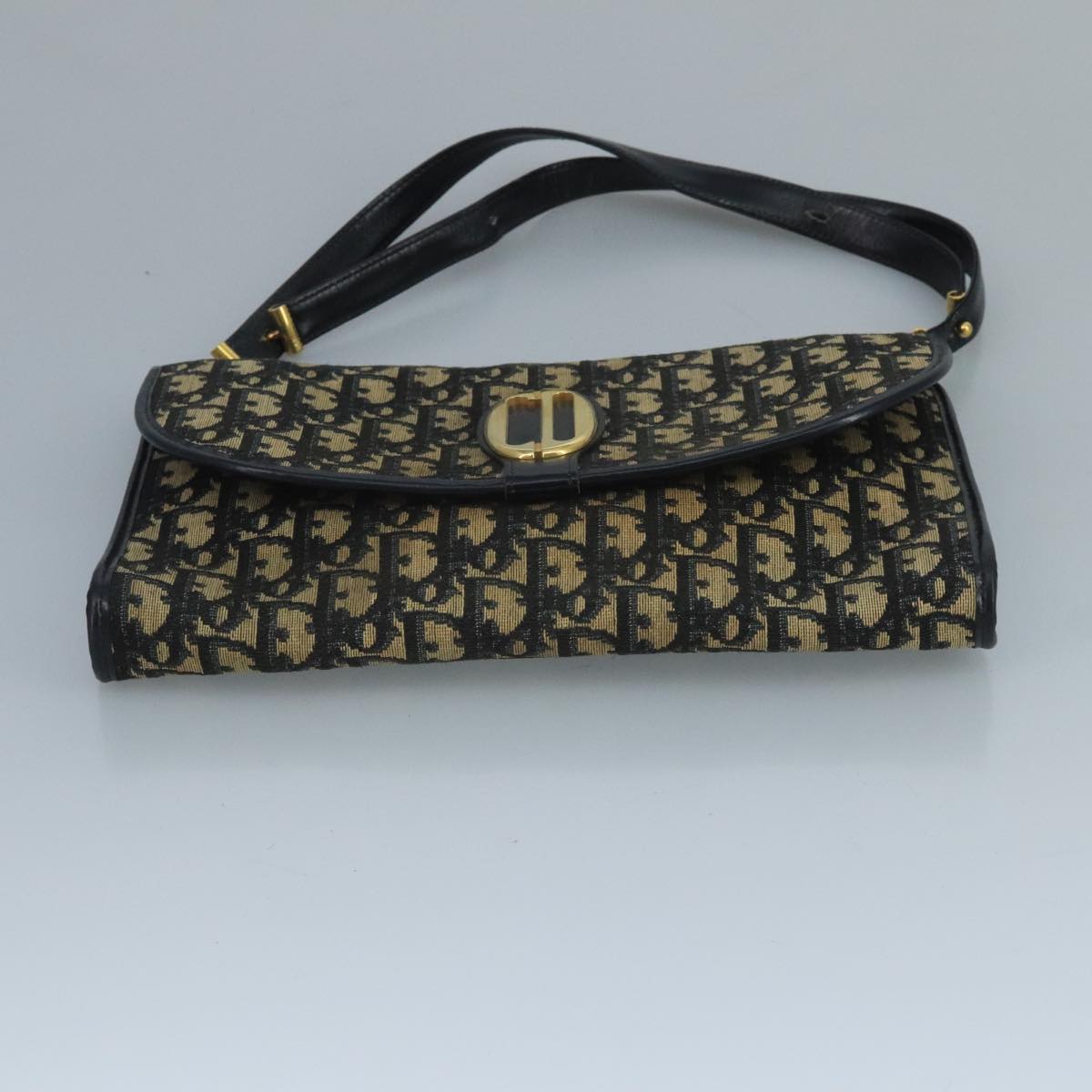 Christian Dior Trotter Canvas Shoulder Bag Navy Gold Auth 110661