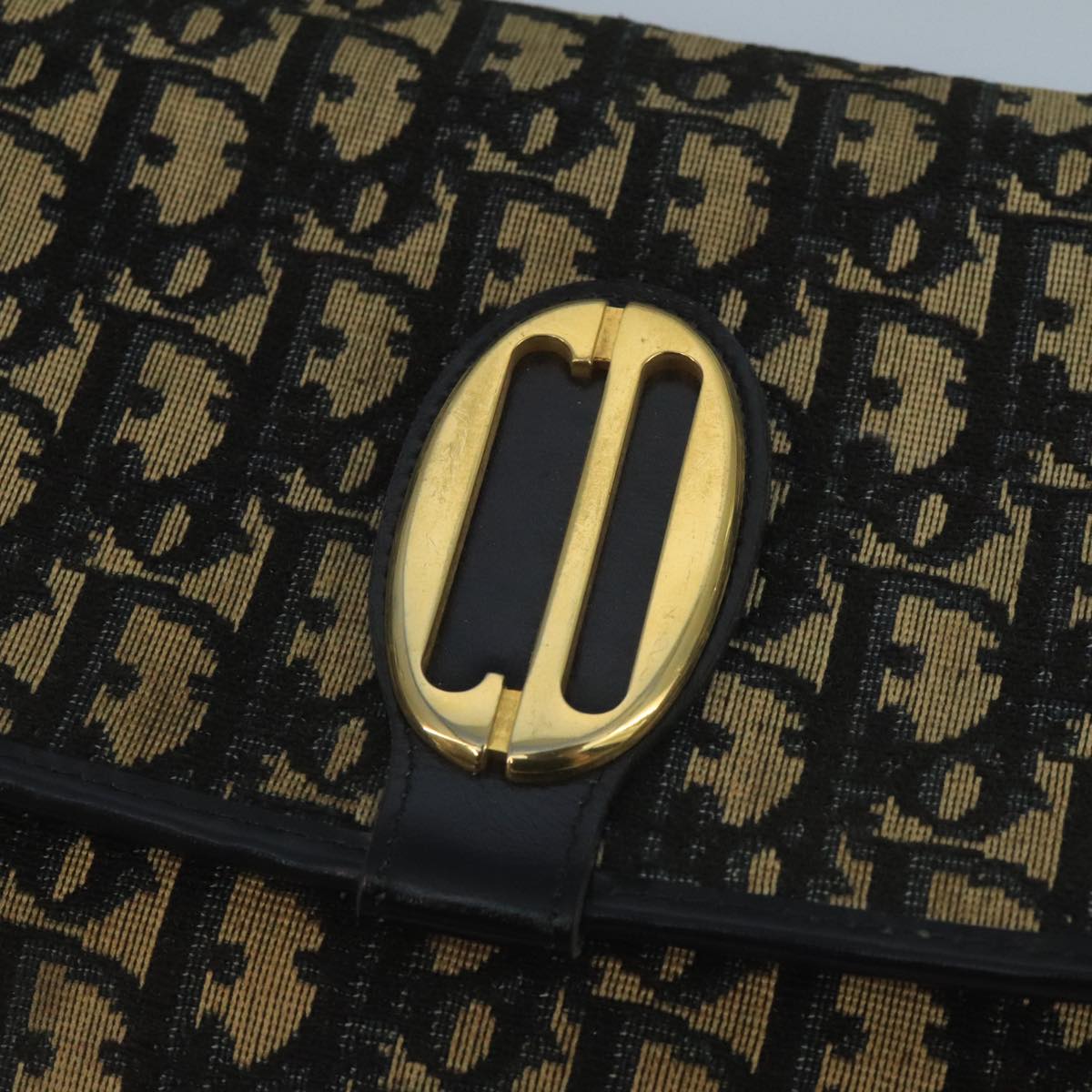 Christian Dior Trotter Canvas Shoulder Bag Navy Gold Auth 110661