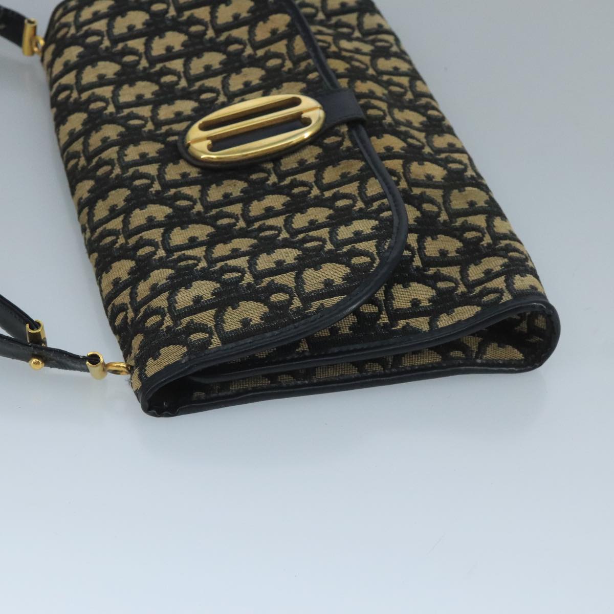 Christian Dior Trotter Canvas Shoulder Bag Navy Gold Auth 110661