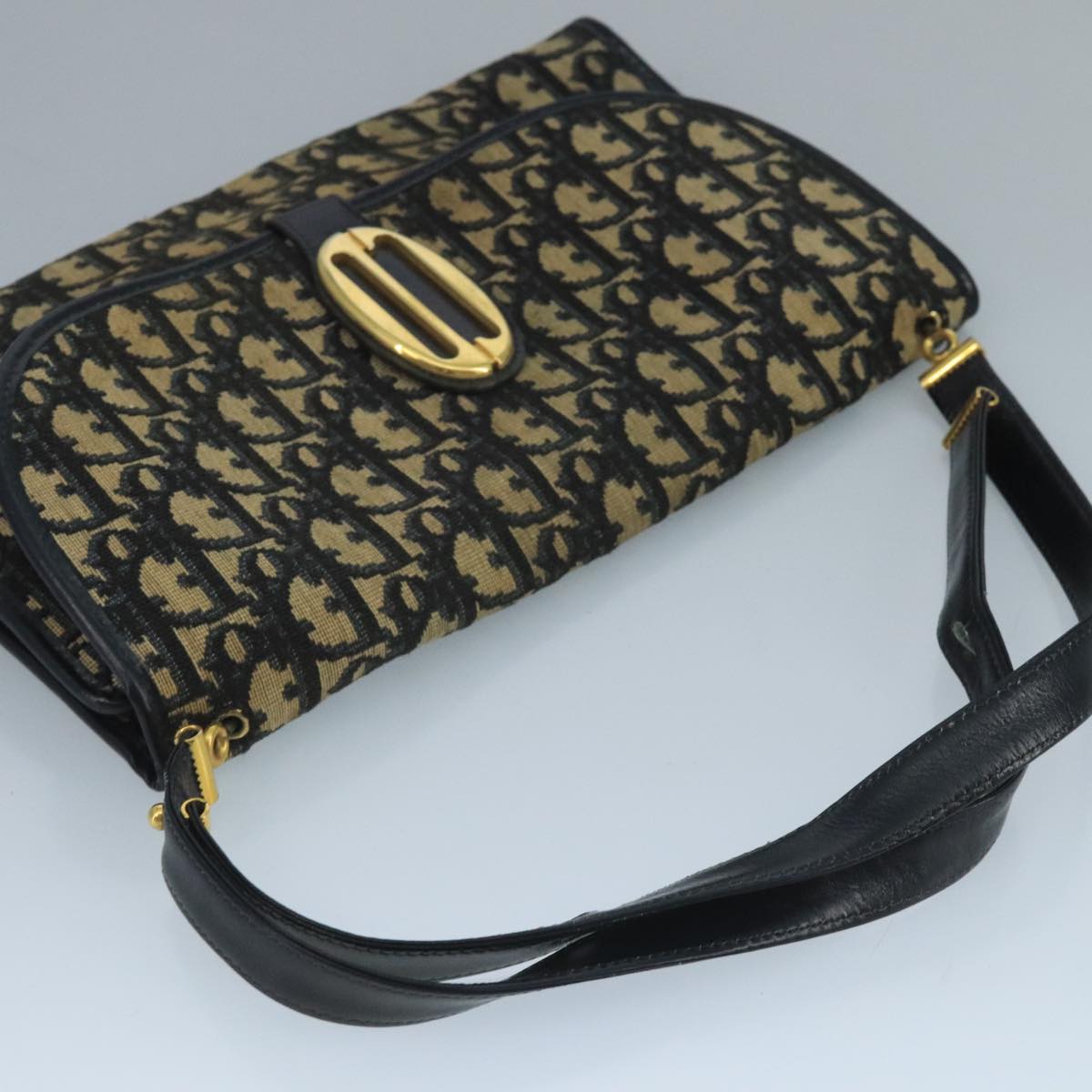 Christian Dior Trotter Canvas Shoulder Bag Navy Gold Auth 110661