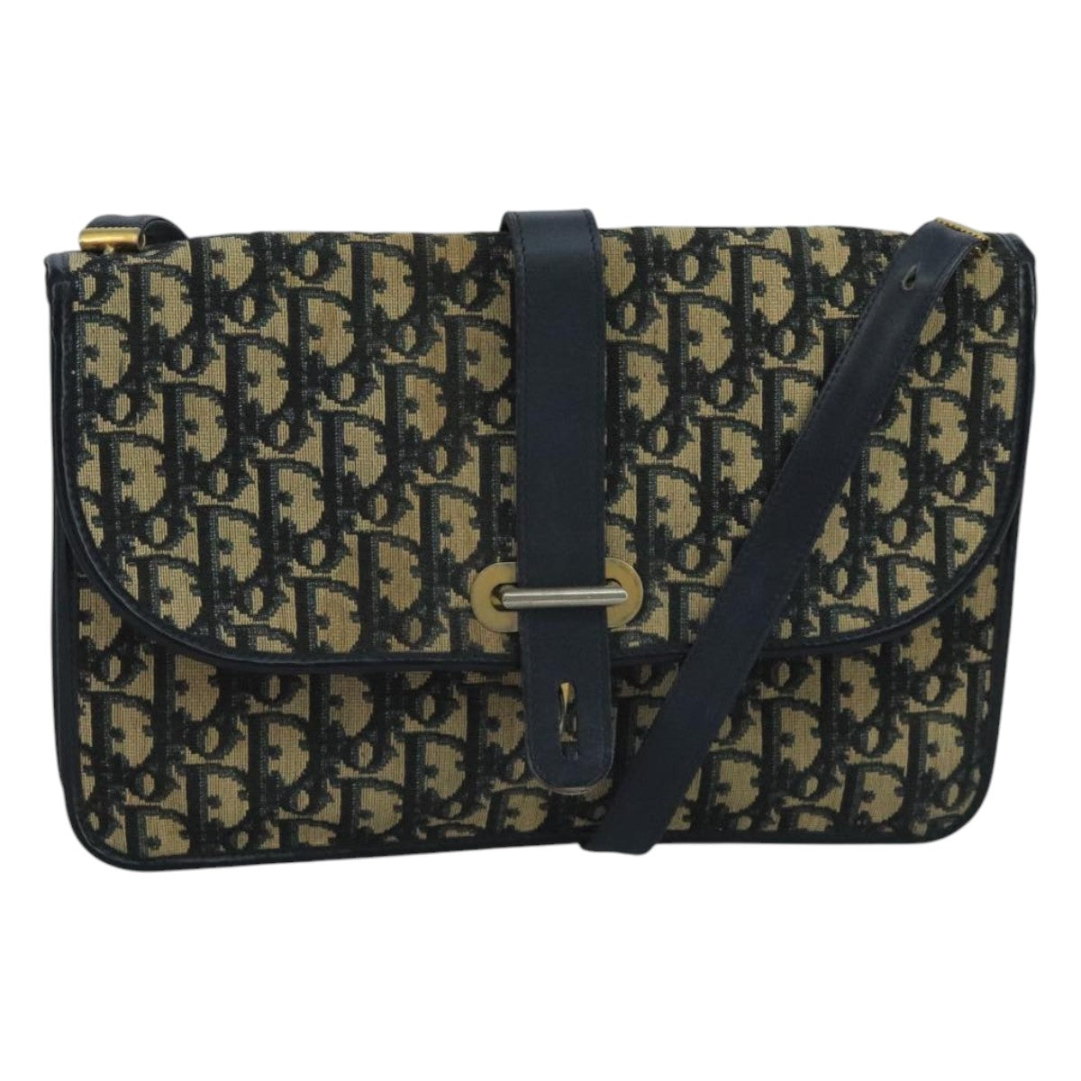 Christian Dior Trotter Canvas Shoulder Bag Navy Gold Auth 110662