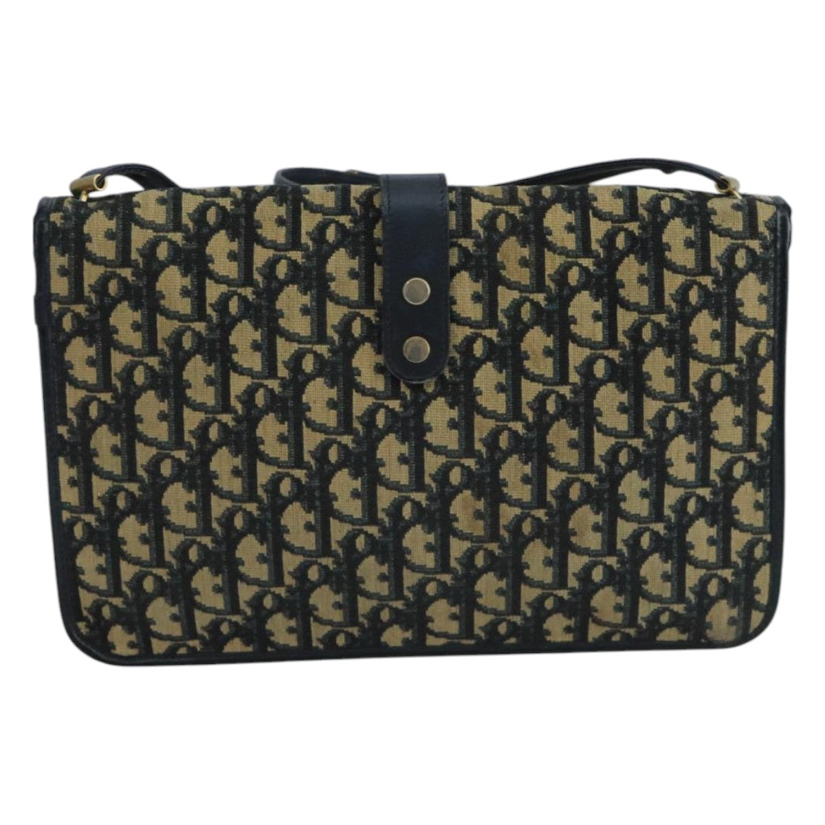 Christian Dior Trotter Canvas Shoulder Bag Navy Gold Auth 110662