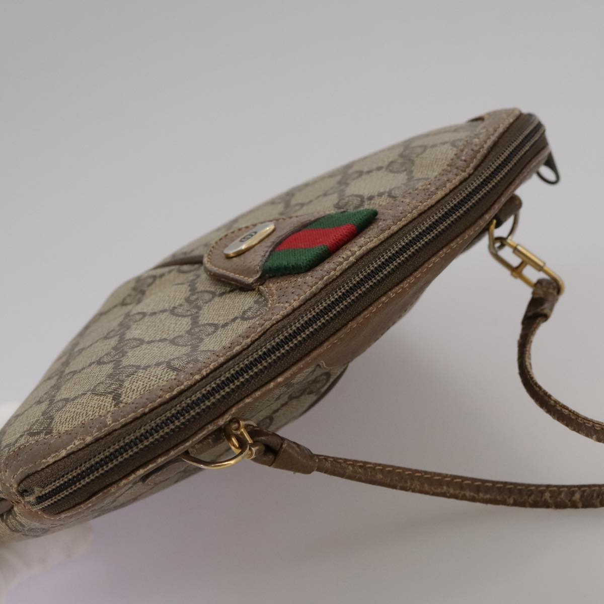 GUCCI GG Supreme Web Sherry Line Shoulder Bag PVC Beige Gold Auth 110668