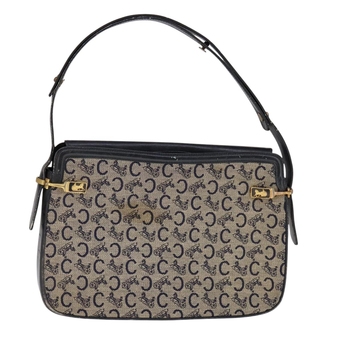 CELINE C Sulky Shoulder Bag Canvas Leather Navy Gold Auth 110681