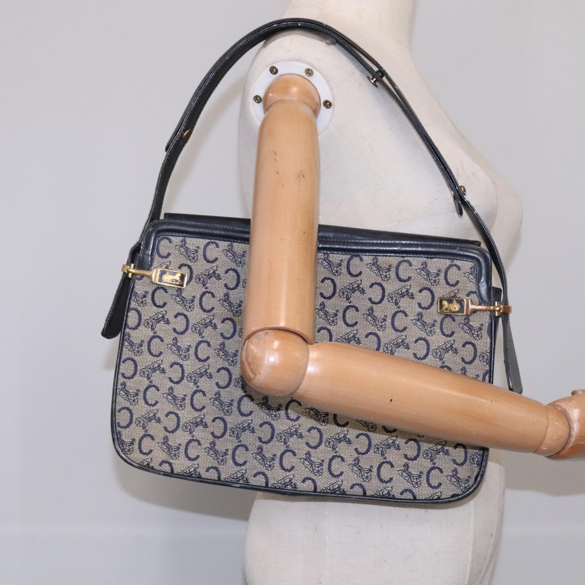 CELINE C Sulky Shoulder Bag Canvas Leather Navy Gold Auth 110681