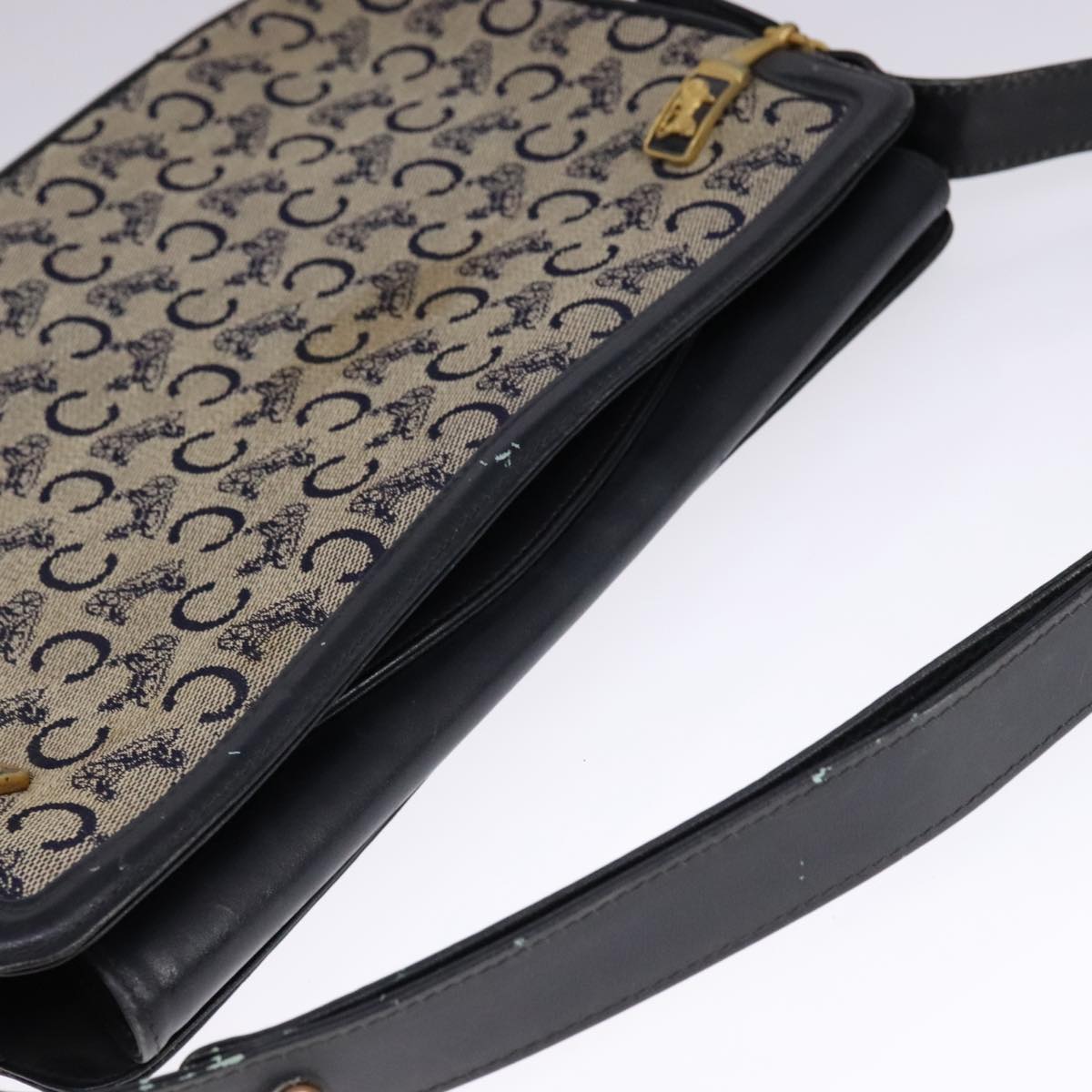 CELINE C Sulky Shoulder Bag Canvas Leather Navy Gold Auth 110681