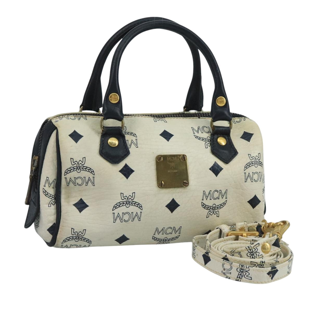 MCM Vicetos Logogram Hand Bag PVC Leather 2way White Navy gold Auth 110795