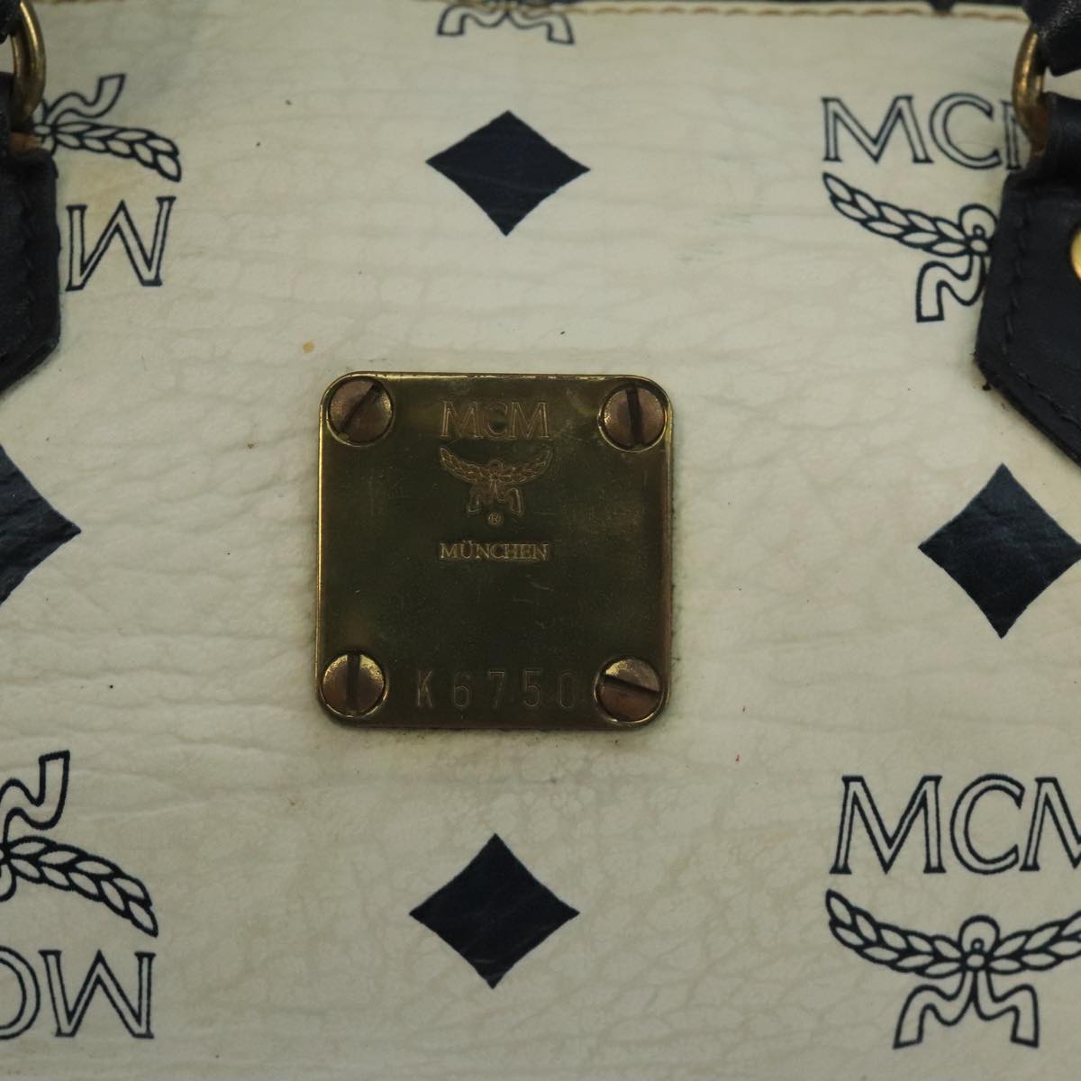 MCM Vicetos Logogram Hand Bag PVC Leather 2way White Navy gold Auth 110795