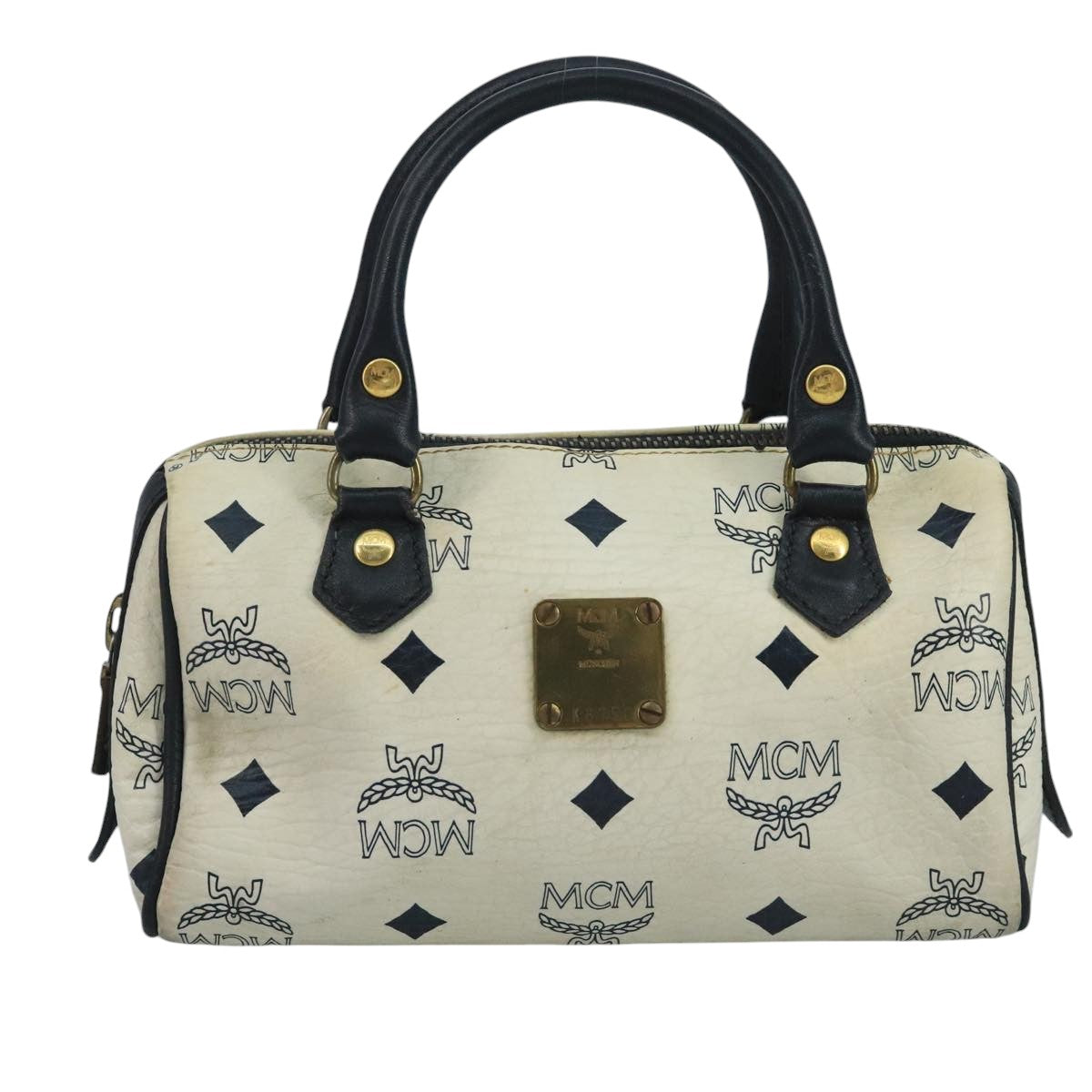 MCM Vicetos Logogram Hand Bag PVC Leather 2way White Navy gold Auth 110795