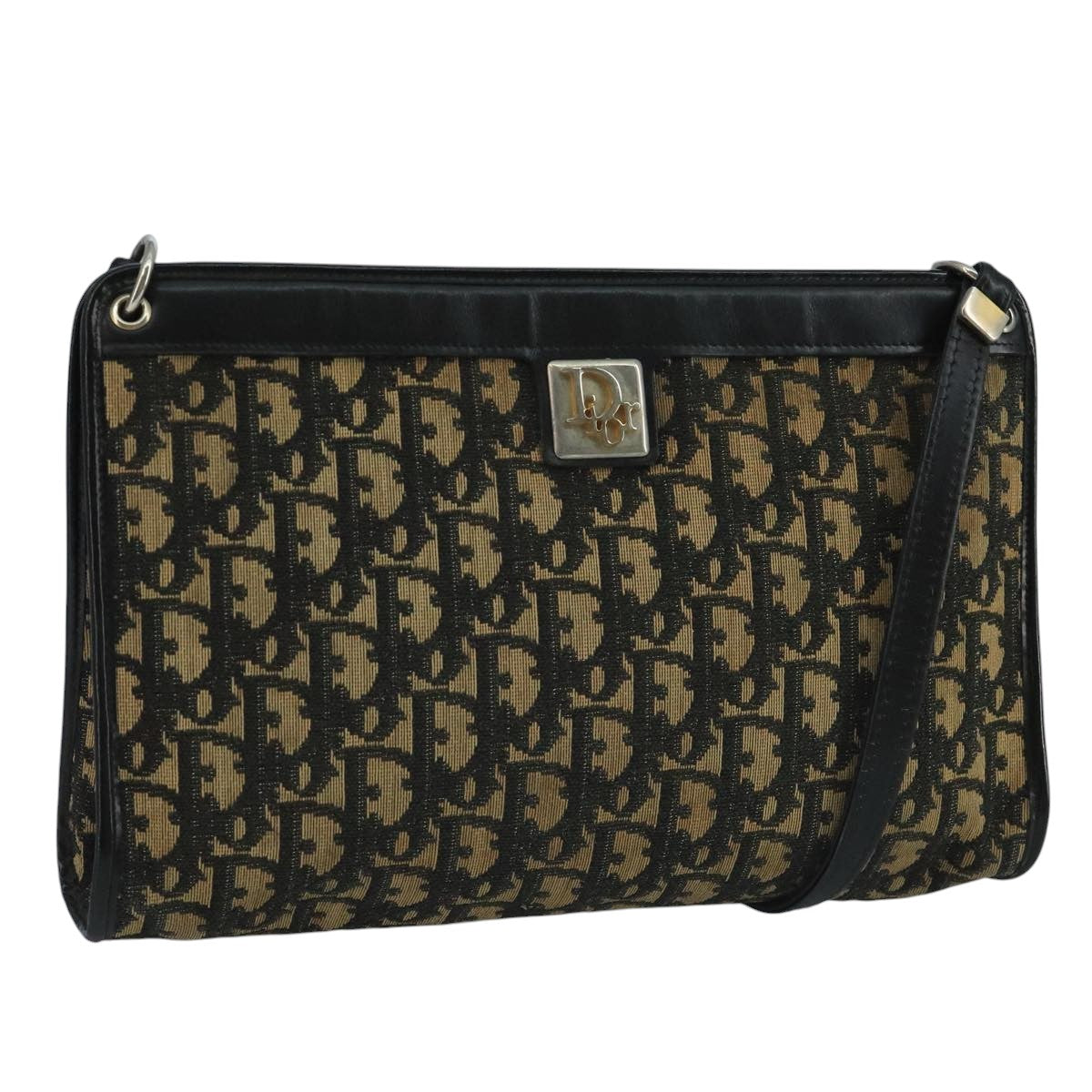 Christian Dior Trotter Canvas Shoulder Bag Navy Gold Auth 110806