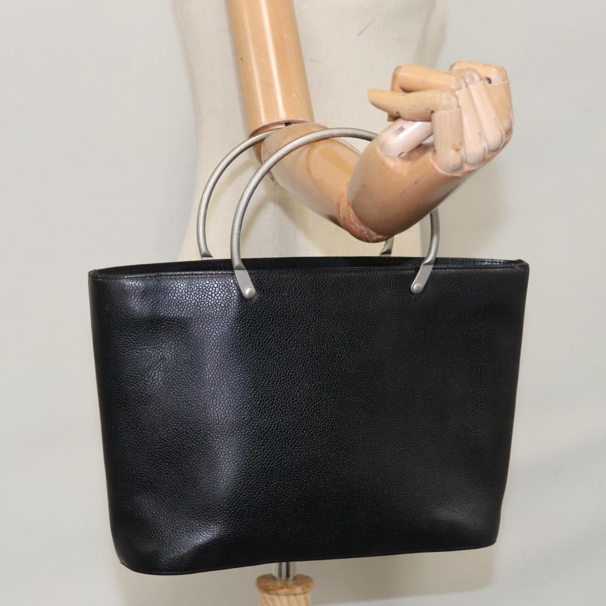 CHANEL Hand Bag Caviar Skin Black Silver CC Auth 110813