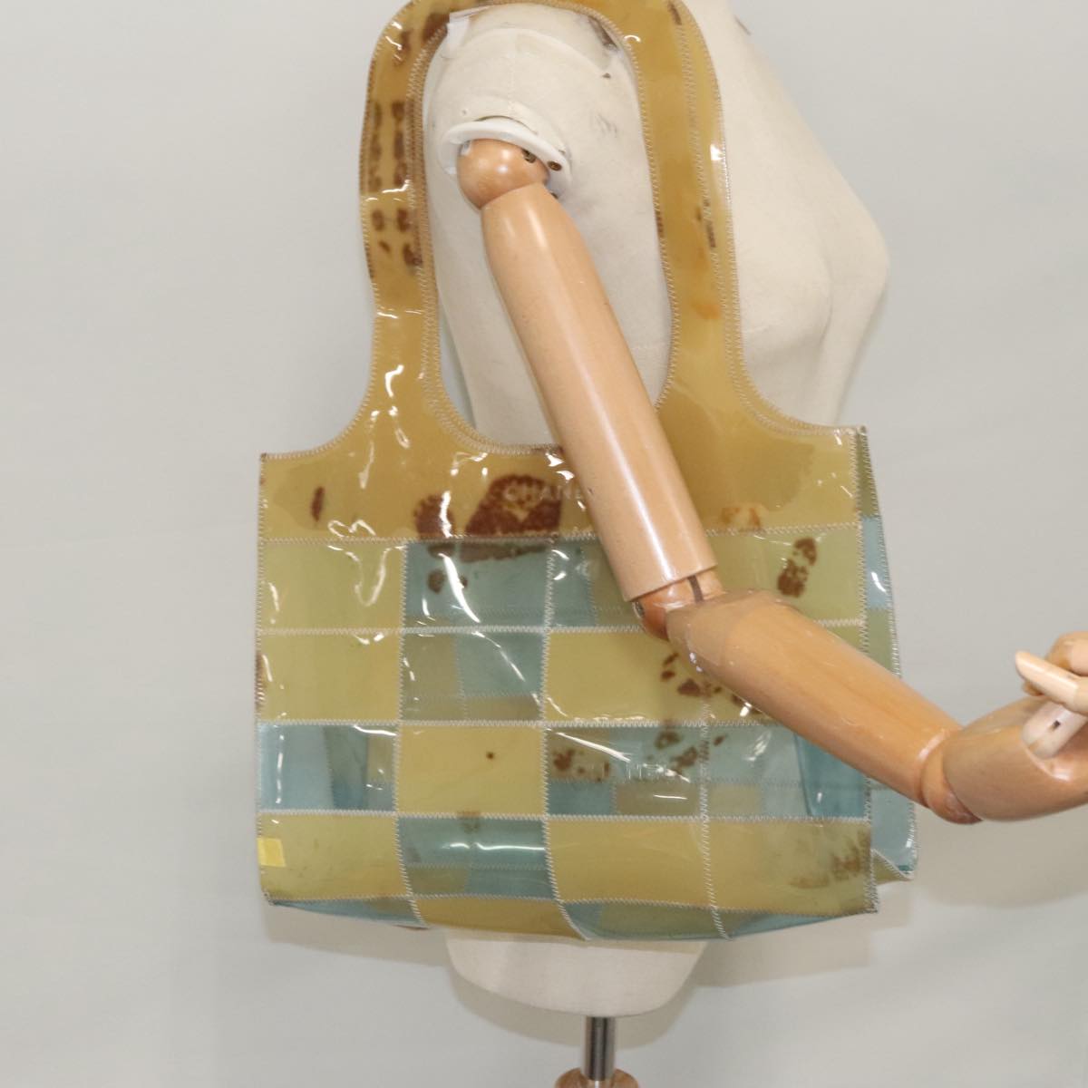 CHANEL Choco Bar Shoulder Bag Vinyl Beige Blue CC Auth 110818