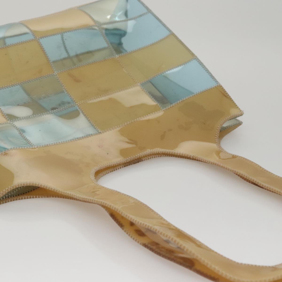 CHANEL Choco Bar Shoulder Bag Vinyl Beige Blue CC Auth 110818