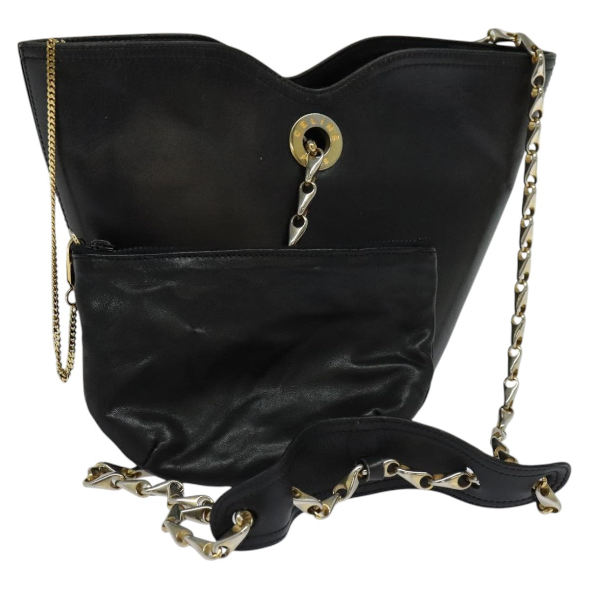 CELINE Chain Shoulder Bag Leather Black Gold Auth 110823
